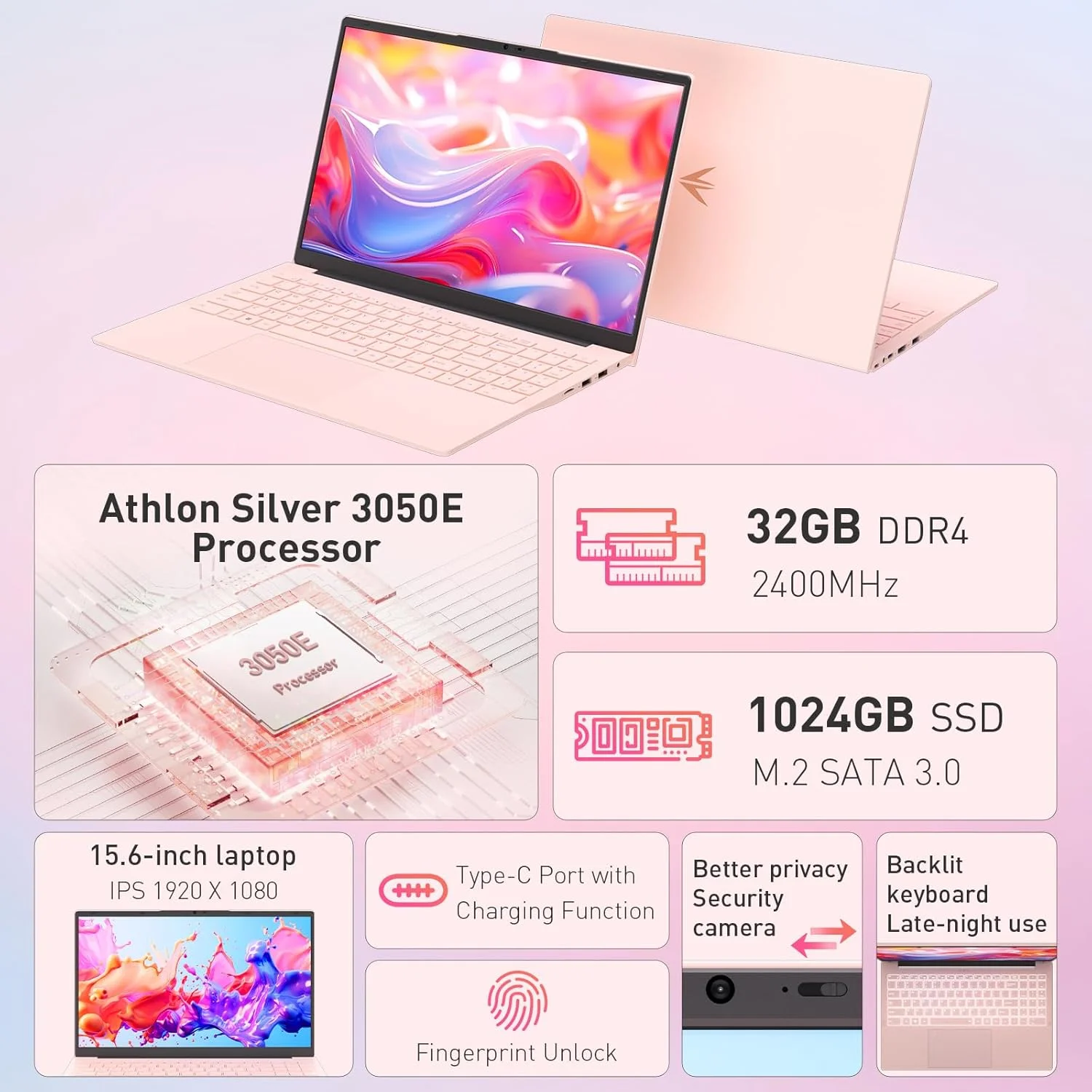 لپ تاپ 15.6 اینچی FHD، پردازنده Athlon Silver 3050E، رم 32 گیگابایتی DDR4، اس اس دی 1 ترابایتی، WiFi 5/ USB 3.0/ Type-C/HDMI، ویندوز 11 پرو، نوت بوک کامپیوتر IPS نازک و سبک برای کار، تحصیل و سرگرمی، صورتی - تصویر 2 لپ تاپ 15.6 اینچی FHD، پردازنده Athlon Silver 3050E، رم 32 گیگابایتی DDR4، اس اس دی 1 ترابایتی، WiFi 5/ USB 3.0/ Type-C/HDMI، ویندوز 11 پرو، نوت بوک کامپیوتر IPS نازک و سبک برای کار، تحصیل و سرگرمی، صورتی - تصویر 2