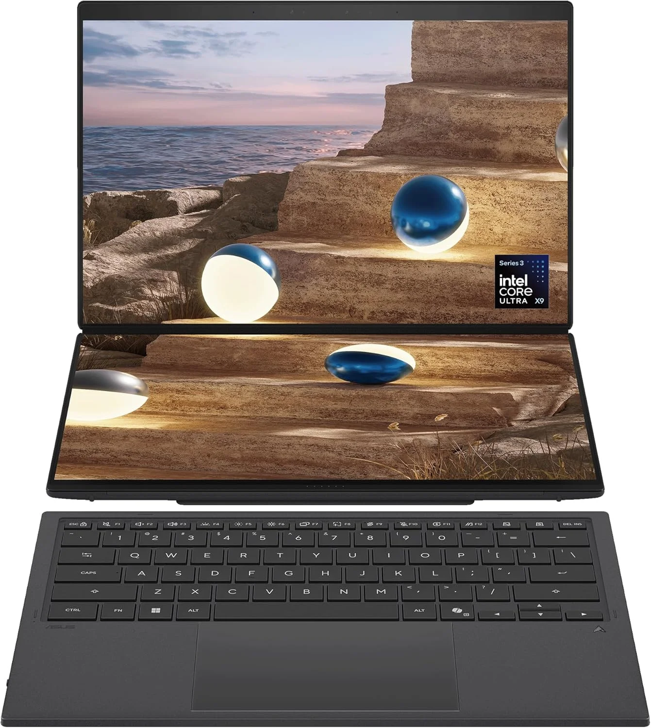 لپ تاپ دو صفحه نمایش ایسوس Zenbook Duo با کیبورد + قلم (خاکستری موهر) | Intel Core Ultra X9 388H، گرافیک Intel Arc، رم 32 گیگابایتی، SSD 2 ترابایتی، 2x 14"3K OLED Display، Win11 [UX8407AA-SN066W]