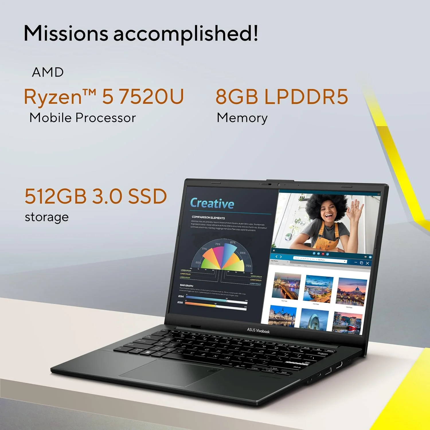لپ تاپ ASUS Vivobook Go 14 (مشکی) | AMD Ryzen 5 7520U، کارت گرافیک AMD Radeon، رم 8 گیگابایتی، SSD 512 گیگابایتی، صفحه نمایش 14 اینچی FHD، ویندوز 11 [E1404FA-EB165W] - تصویر 2