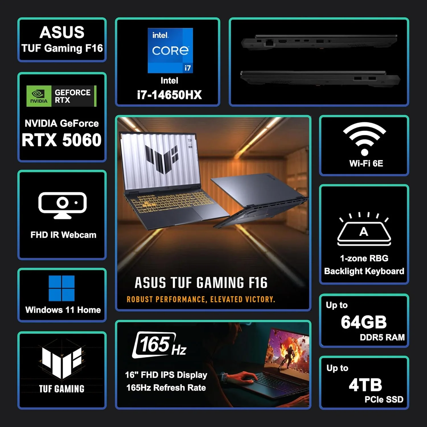 لپ تاپ گیمینگ ایسوس TUF F16، صفحه نمایش 16 اینچی WUXGA IPS 165 هرتز (100% sRGB، GSYNC)، پردازنده 16 هسته ای اینتل i7-14650HX، رم 32 گیگابایت DDR5، حافظه 1 ترابایت SSD، کارت گرافیک GeForce RTX 5060 (تا 572 AI Tops)، نور پس زمینه RGB، تاندربولت، صدای Hi-Res، وای فای 6E، ویندوز 11 ICP Hub - تصویر 3