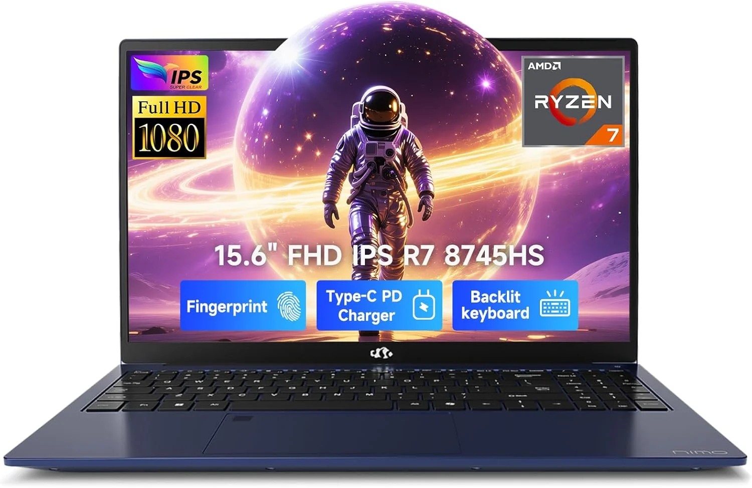 لپ تاپ گیمینگ 15.6 اینچی NIMO با صفحه نمایش FHD IPS، پردازنده Ryzen 7 8745HS، رم 16 گیگابایتی DDR5، حافظه SSD 1 ترابایتی (8 هسته/16 رشته، تا 4.9 گیگاهرتز)، گرافیک Radeon 780M، کامپیوتر تجاری با صفحه کلید دارای نور پس زمینه 100 واتی Type-C، حسگر اثر انگشت USB-C 4.0