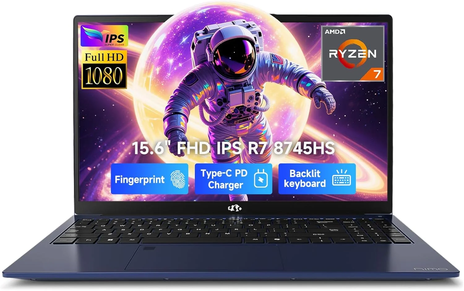 لپ تاپ گیمینگ 15.6 اینچی IPS FHD NIMO، پردازنده Ryzen 7 8745HS، رم 64 گیگابایتی DDR5، حافظه SSD 2 ترابایتی (8 هسته/16 رشته، تا 4.9 گیگاهرتز)، گرافیک Radeon 780M، کامپیوتر تجاری با صفحه کلید دارای نور پس زمینه 100 واتی Type-C، اثر انگشت USB-C 4.0