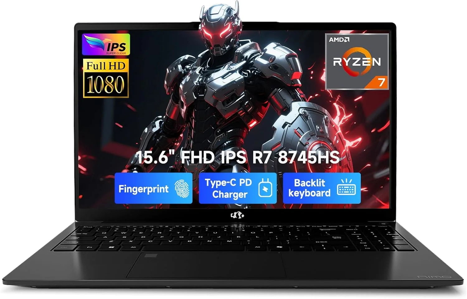لپ تاپ گیمینگ 15.6 اینچی IPS FHD NIMO، رایزن 7 8745HS، رم 16 گیگابایتی DDR5، اس اس دی 512 گیگابایتی (8 هسته/16 رشته، تا 4.9 گیگاهرتز)، گرافیک Radeon 780M، کامپیوتر تجاری با صفحه کلید دارای نور پس زمینه 100 واتی Type-C، اثر انگشت USB-C 4.0