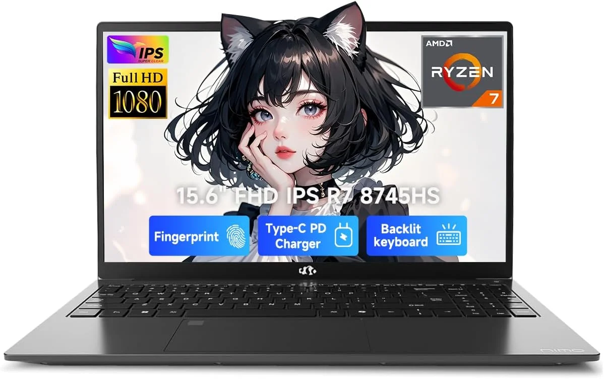 لپ تاپ گیمینگ 15.6 اینچی IPS FHD NIMO، پردازنده AMD Ryzen 7 8745HS، رم 64 گیگابایتی DDR5، حافظه SSD 1 ترابایتی (تا 4.9 گیگاهرتز)، گرافیک Radeon 780M، کامپیوتر تجاری با صفحه کلید دارای نور پس زمینه 100 واتی Type-C، اثر انگشت USB-C 4.0