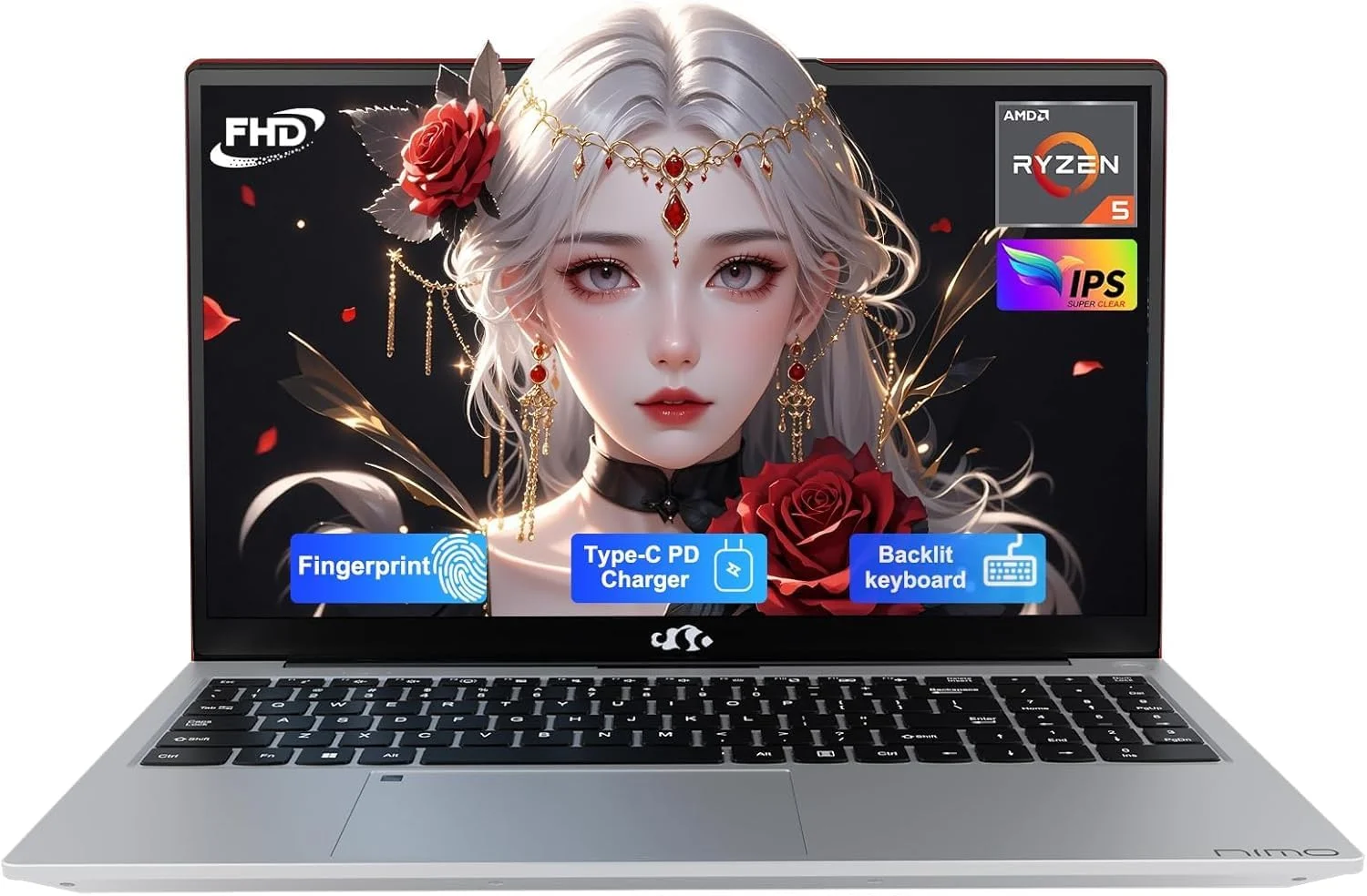لپ تاپ 15.6 اینچی IPS FHD NIMO، رم 16 گیگابایت، SSD 512 گیگابایت، AMD Ryzen 5، 4 هسته تا 3.7 گیگاهرتز، کامپیوتر دانشجویی با آداپتور 65 واتی Type-C، حسگر اثر انگشت، کیبورد با نور پس زمینه، BT5.2