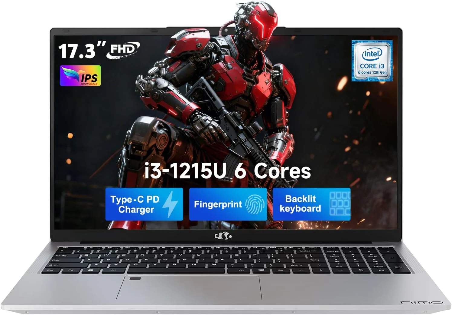 لپ تاپ دانشجویی NIMO با صفحه نمایش 17.3 اینچی IPS FHD، پردازنده 6 هسته ای Intel Core i3-1215U، رم 32 گیگابایتی، حافظه SSD 1 ترابایتی (بهتر از R5 7520U، تا 4.4 گیگاهرتز)، کامپیوتر تجاری با صفحه کلید دارای نور پس زمینه Type C 65 واتی، حسگر اثر انگشت و Wi-Fi 6، مناسب برای منزل