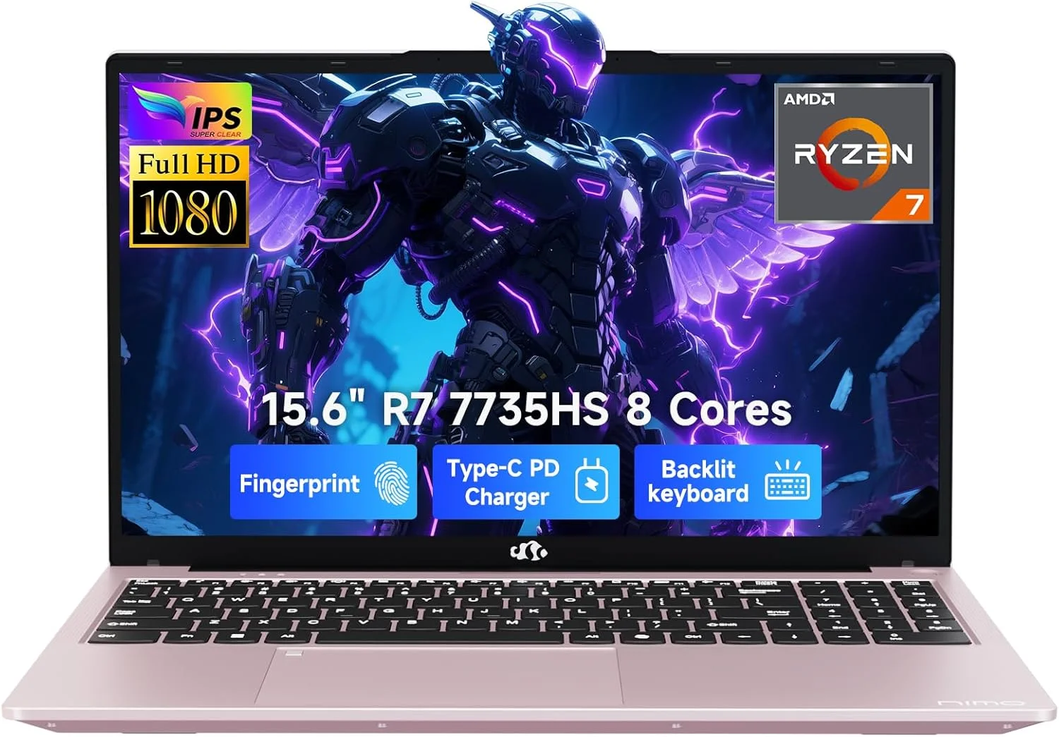 لپ تاپ گیمینگ 15.6 اینچی IPS FHD NIMO، پردازنده 8 هسته ای Ryzen 7 7735HS، رم 16 گیگابایتی DDR5، کامپیوتر SSD 512 گیگابایتی با گرافیک Radeon 680M، کیبورد با نور پس زمینه 100 واتی Type-C و باز کردن قفل با اثر انگشت