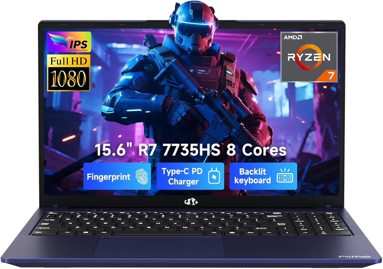 لپ تاپ گیمینگ 15.6 اینچی IPS FHD NIMO، رایزن 7 7735HS هشت هسته ای، 16 گیگابایت رم DDR5، 512 گیگابایت SSD، گرافیک Radeon 680M، تایپ C 100 واتی، کیبورد با نور پس زمینه، باز کردن قفل با اثر انگشت، سیستم خنک کننده پیشرفته