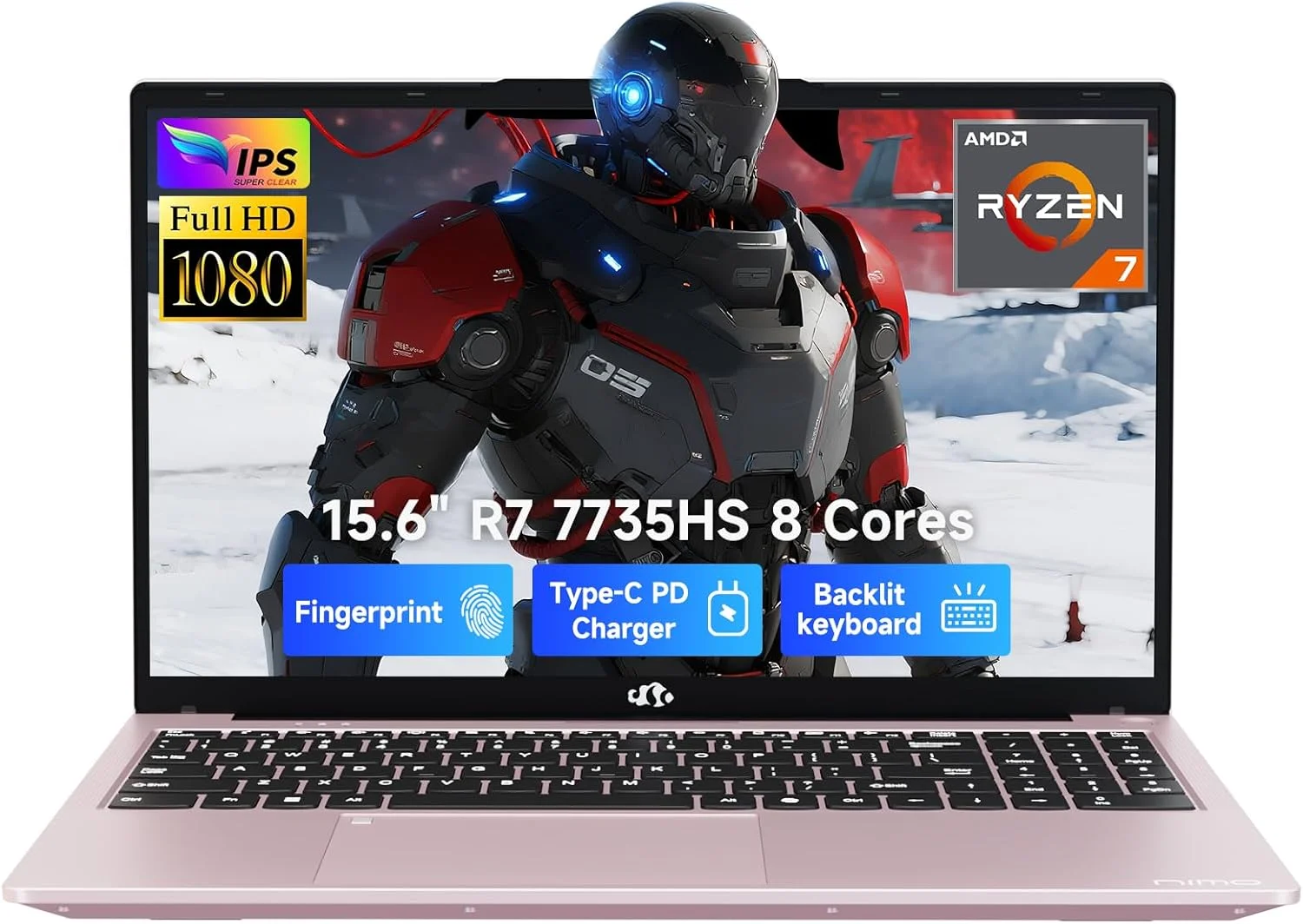 لپ تاپ گیمینگ NIMO، نمایشگر 15.6 اینچی FHD، پردازنده Ryzen 7 7735HS (8 هسته/16 رشته، تا 4.75 گیگاهرتز)، 16 گیگابایت DDR5، 1 ترابایت NVMe SSD، گرافیک Radeon 680M، کیبورد با نور پس زمینه، باز کردن قفل با اثر انگشت، PD 100W Type-C
