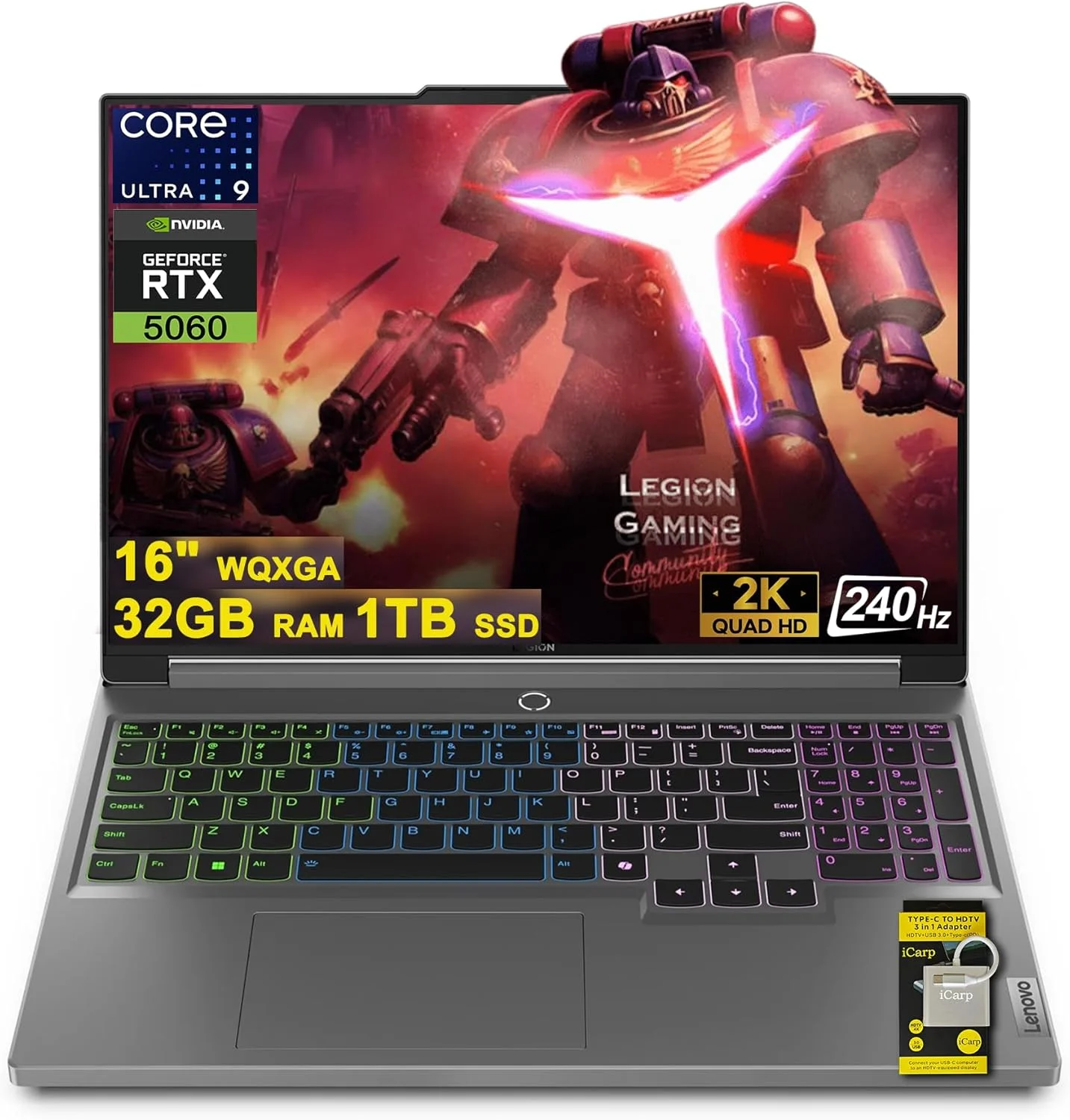 لپ تاپ گیمینگ هوش مصنوعی لنوو Legion 5، صفحه نمایش 16 اینچ WQXGA 2560x1600 240Hz (100% DCI-P3, 500nits)، پردازنده 24 هسته ای Intel Ultra 9 275HX، رم 32 گیگابایت، حافظه SSD 1 ترابایت، کارت گرافیک GeForce RTX 5060 (تا 572 AI Tops)، نور پس زمینه RGB، Harman، ویندوز 11، ICP Hub
