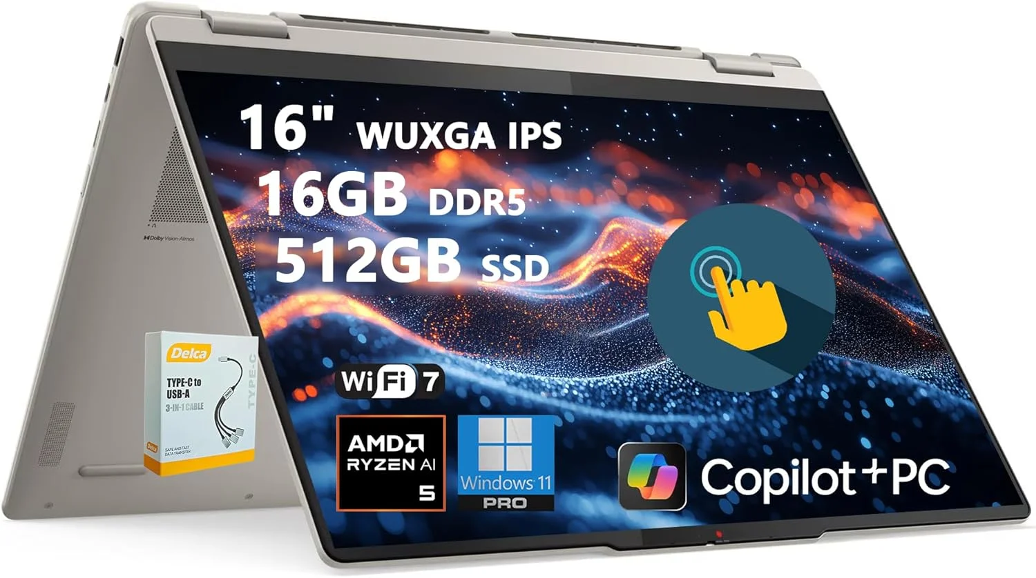 لپ تاپ 2 در 1 لنوو یوگا 7 Copilot+ AI PC | صفحه نمایش لمسی 16 اینچی WUXGA IPS | پردازنده AMD Ryzen AI 5 340 (تا 50 تاپس) | 16 گیگابایت DDR5 512 گیگابایت SSD | برای کسب و کار حرفه ای و تولید محتوا Wi-Fi 7 Win11 Pro به همراه لوازم جانبی DLCA