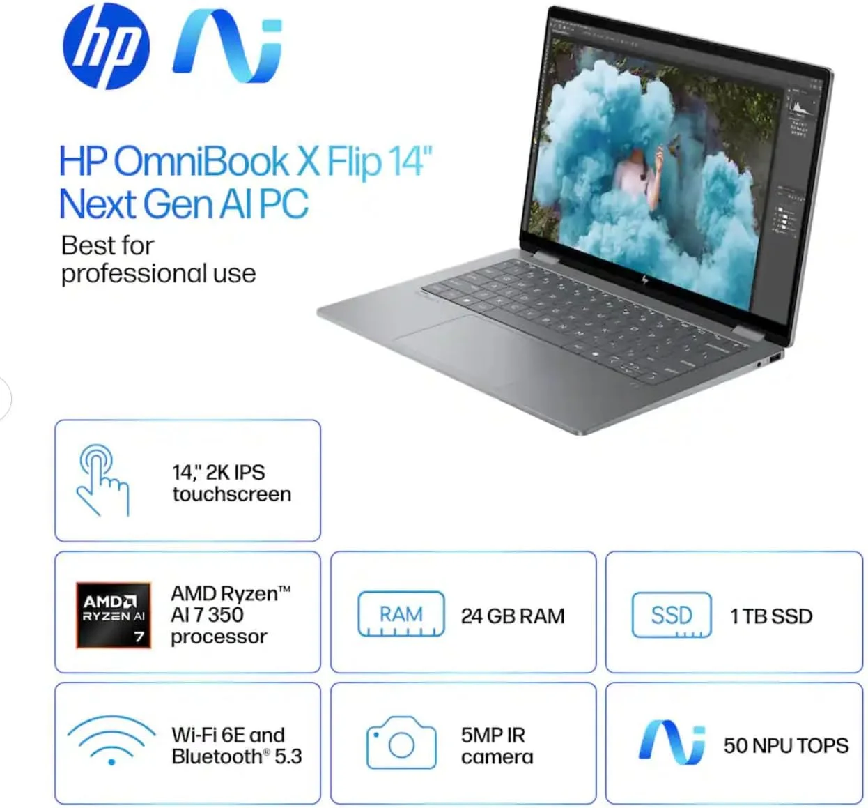 لپ تاپ 2 در 1 HP OmniBook X Flip با صفحه نمایش لمسی 14 اینچی WUXGA IPS، پردازنده 8 هسته ای AMD Ryzen AI 7 350، رم 24 گیگابایتی LPDDR5، حافظه SSD 1 ترابایتی، گرافیک AMD Radeon 860M، وای فای 6E، کیبورد با نور پس زمینه، ویندوز 11 Home به همراه ماوس
