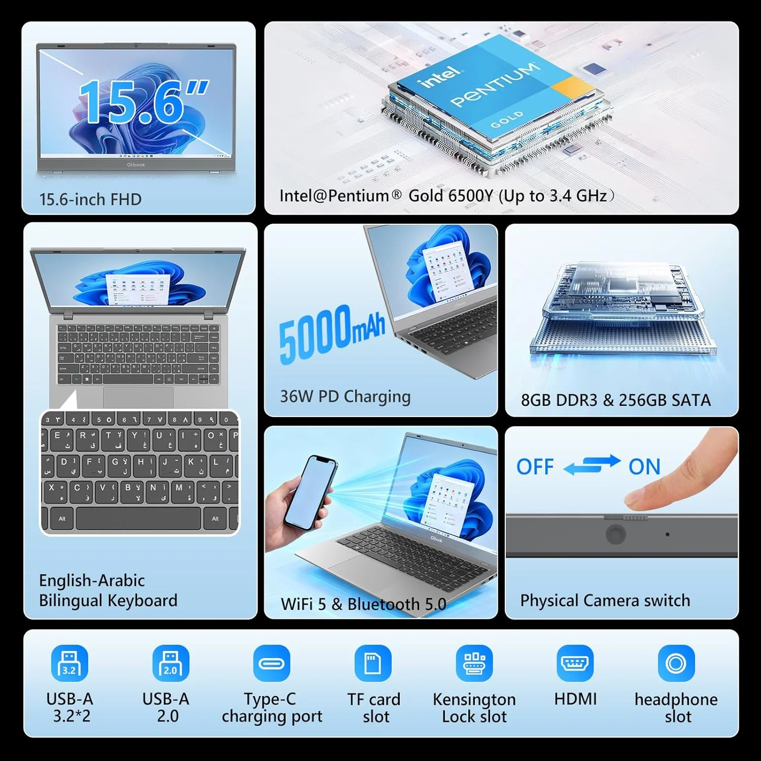 لپ تاپ جی تب GT15 با صفحه نمایش 15.6 اینچی Full HD IPS، پردازنده Intel Pentium Gold 6500Y، رم 8 گیگابایتی، حافظه SSD 256 گیگابایتی، کامپیوتر لپ تاپ Windows 11، Wi-Fi، بلوتوث، خاکستری فضایی