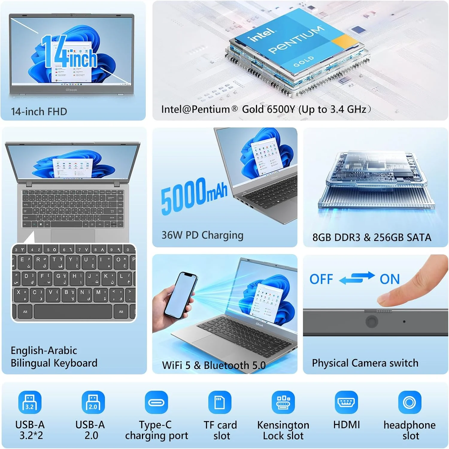 لپ تاپ جی تب GT14 با صفحه نمایش 14 اینچی FHD IPS، پردازنده Intel Pentium Gold 6500Y، رم 8 گیگابایتی، حافظه SSD 256 گیگابایتی، ویندوز 11، گرافیک UHD، وای فای 5، نوت بوک سبک وزن، خاکستری فضایی لپ تاپ جی تب GT14 با صفحه نمایش 14 اینچی FHD IPS، پردازنده Intel Pentium Gold 6500Y، رم 8 گیگابایتی، حافظه SSD 256 گیگابایتی، ویندوز 11، گرافیک UHD، وای فای 5، نوت بوک سبک وزن، خاکستری فضایی