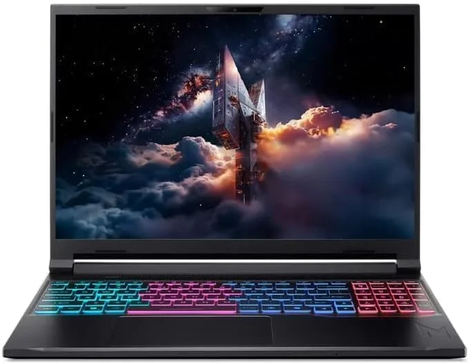 لپ تاپ گیمینگ باریک Acer Nitro V16S با پردازنده نسل چهاردهم Intel Core 9-270H با 14 هسته تا 5.8 گیگاهرتز / 32 گیگابایت رم DDR5 / 1 ترابایت SSD / 8 گیگابایت NVIDIA® GeForce® RTX 5070 / صفحه نمایش 16 اینچی WQXGA IPS 180 هرتز / ویندوز 11 (ارتقا یافته) / WiFi-6 / کیبورد RGB / مشکی