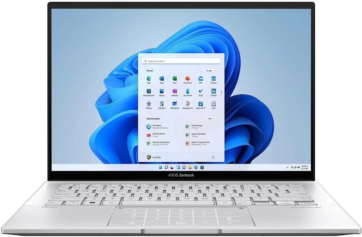 لپ تاپ ASUS Zenbook 14 OLED، صفحه نمایش لمسی 14 اینچی 90 هرتز 2.8K، پردازنده 13 هسته ای Intel i9-13900H، گرافیک Intel Iris Xe، رم 16 گیگابایتی LPDDR5، حافظه SSD 1 ترابایتی، صفحه کلید با نور پس زمینه، Thunderbolt 4، Wi-Fi 6E، دوربین FHD، ویندوز 11 هوم