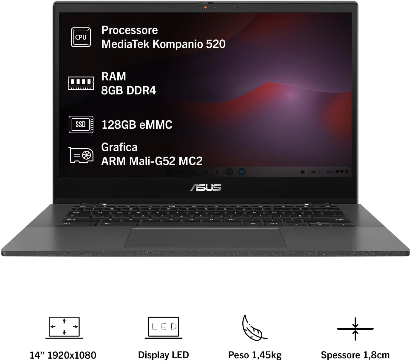 لپ تاپ ASUS Chromebook CM1402CM2A#B0D5RFLLH4 با مانیتور 14 اینچی ضد انعکاس، 60 هرتز، پردازنده MediaTek Kompanio 520، رم 8 گیگابایتی، حافظه 128 گیگابایتی eMMC، گرافیک ARM Mali-G52 MC2، سیستم عامل ChromeOS، خاکستری