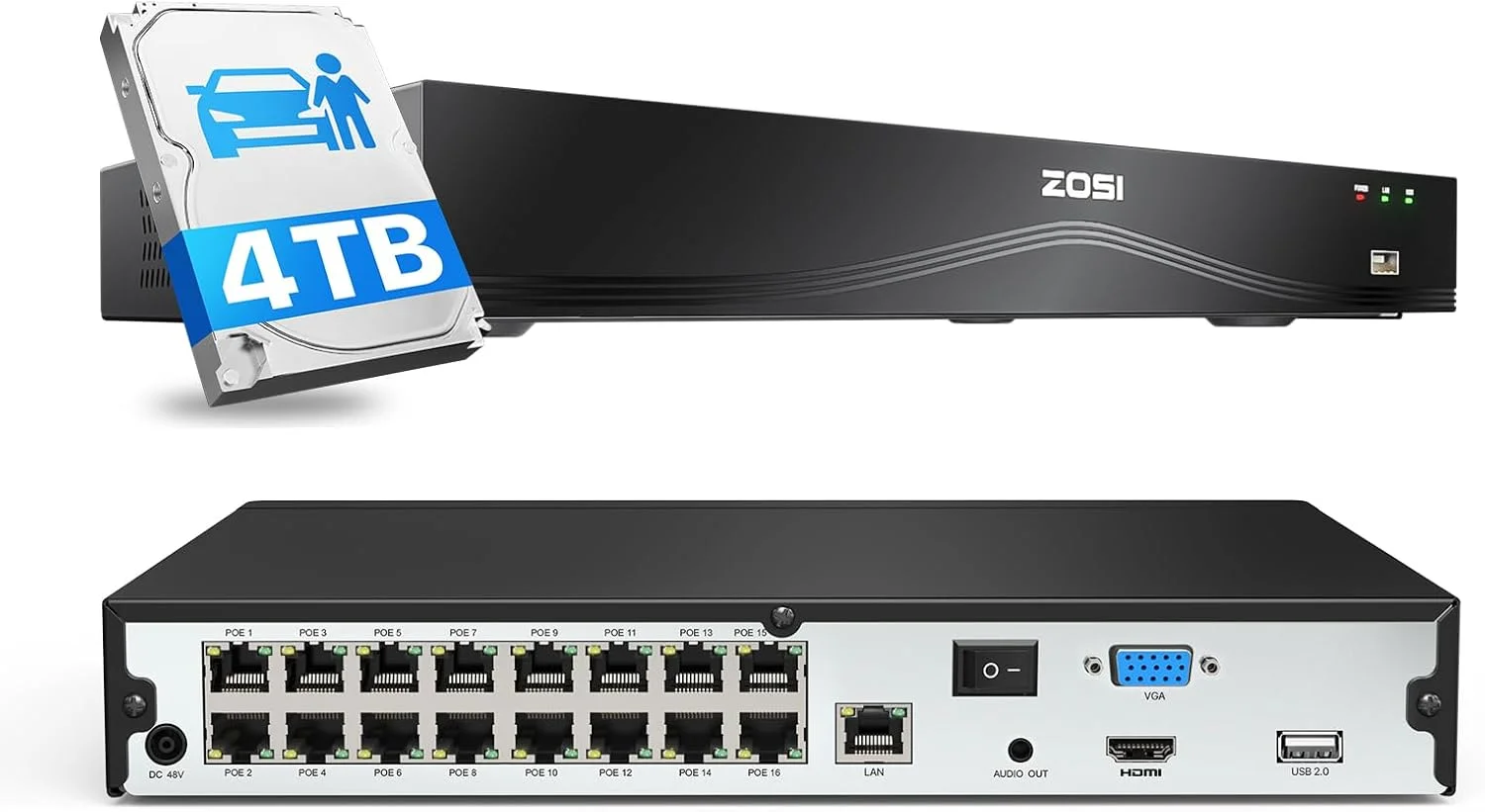 دستگاه ضبط کننده ویدیویی تحت شبکه (NVR) شانزده پورت ZOSI 4K 24 کانال PoE با هارد دیسک 4 ترابایتی، دستگاه ضبط کننده NVR ویدیویی 8 مگاپیکسلی 24 کاناله برای ضبط 24 ساعته، سازگار با دوربین های مداربسته تحت شبکه IP با کیفیت 4K/5MP/4MP/3MP/2MP HD مناسب فضای داخلی و خارجی