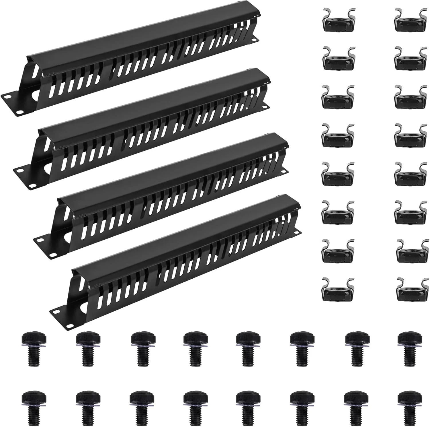 مدیریت کننده کابل 1U، 19 اینچی، مناسب برای نصب افقی، دارای 24 شکاف با ظرفیت بالا، داکت انگشتی فلزی، بسته 4 عددی، همراه با پوشش و پیچ های نصب، برای رک سرور، نصب رک، مشکی