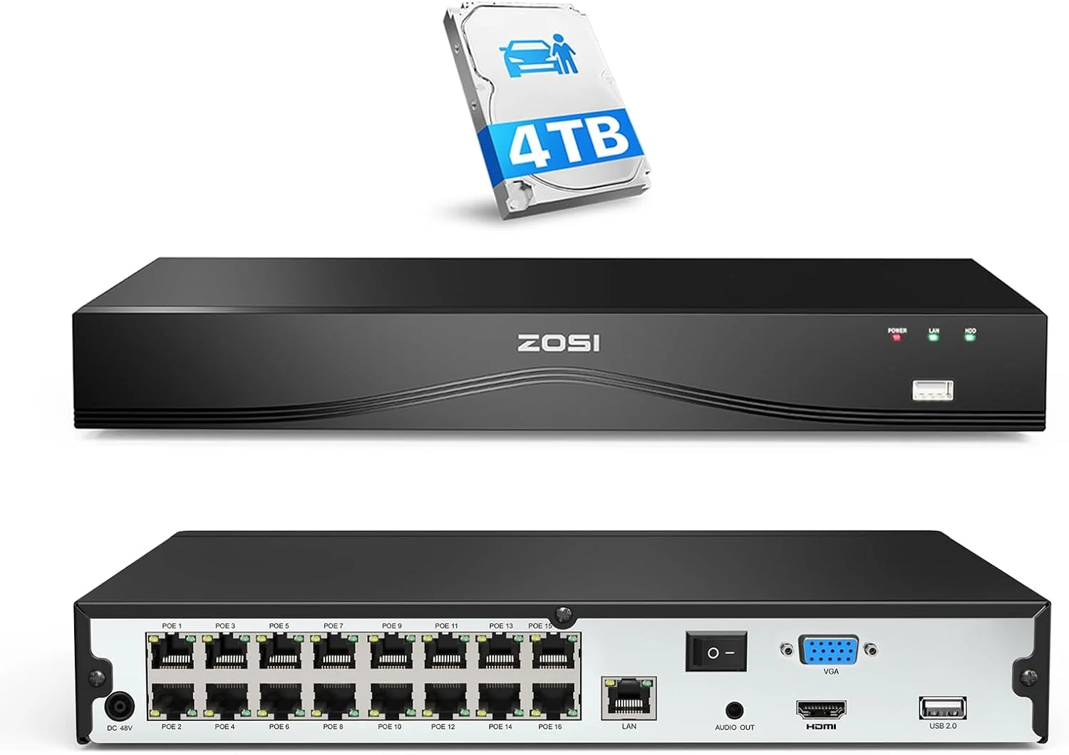 دستگاه ضبط ویدیویی تحت شبکه (NVR) شانزده پورت زوسی 4K 8MP 32 کانال H.265+ PoE با هارد 4 ترابایتی برای ضبط 24 ساعته، پشتیبانی از 16 دوربین تحت شبکه PoE زوسی با رزولوشن 2MP/4MP/5MP/8MP، دارای 2 پورت SATA تا 8 ترابایت برای ضبط طولانی مدت، دسترسی از راه دور، تشخیص حرکت