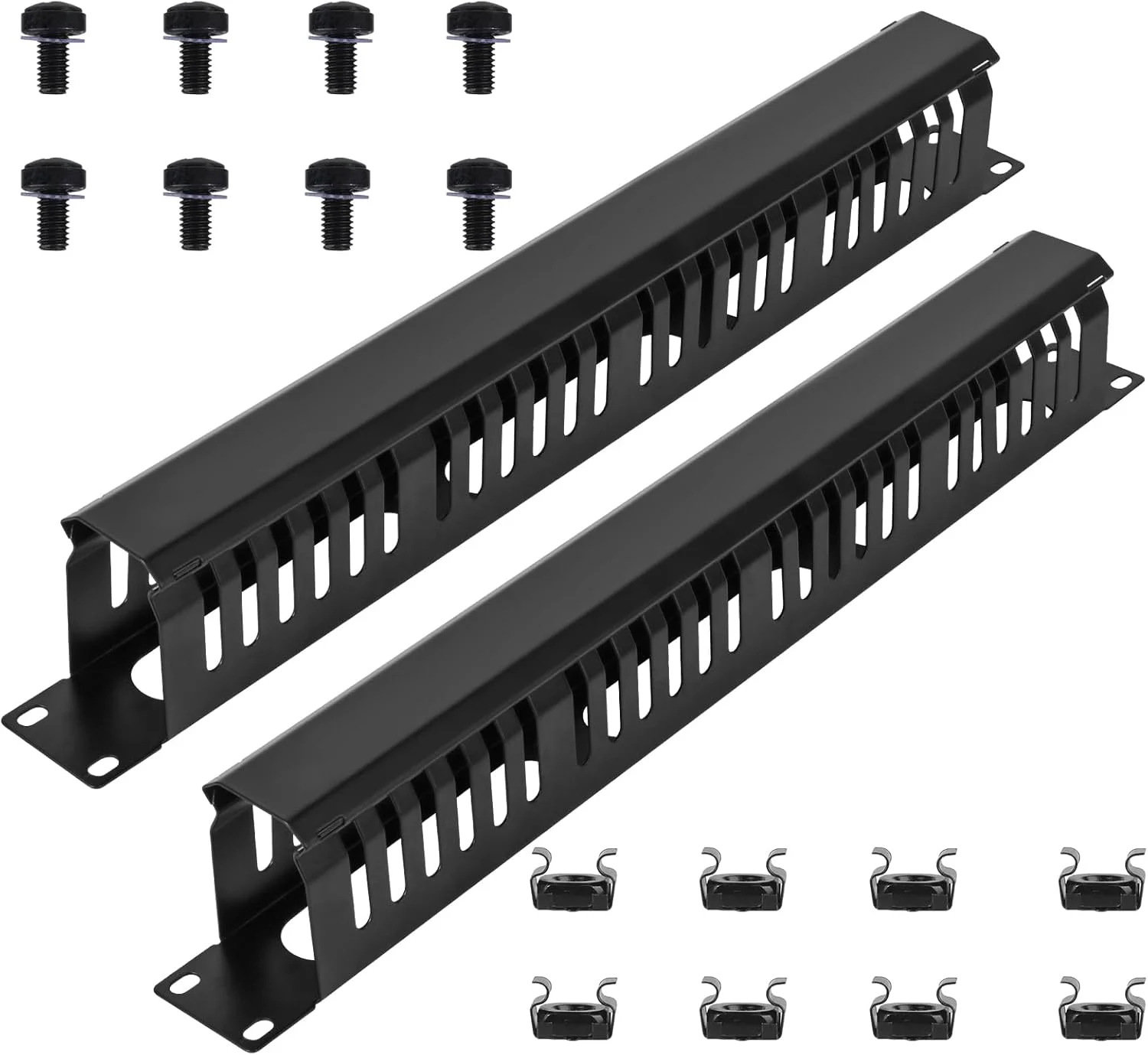 مدیریت کننده کابل 1U، 19 اینچی، مناسب برای نصب افقی، دارای 24 شکاف با ظرفیت بالا، داکت انگشتی فلزی، بسته 2 عددی، همراه با پوشش و پیچ های نصب، برای رک سرور، نصب رک، مشکی