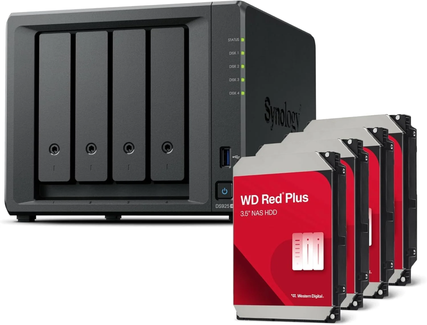 Synology DS925+ (دارای 2 پورت 2.5GbE، پردازنده Ryzen V1500B، رم 4 گیگابایتی) باندل 16 ترابایتی 4-Bay با 4 عدد WD Red Plus 4 ترابایتی