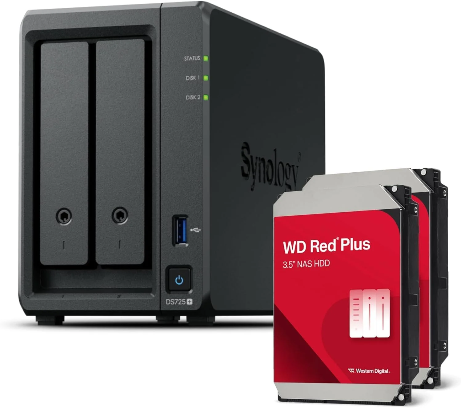 دستگاه ذخیره ساز تحت شبکه 2-Bay سینولوژی مدل DS725+ (پردازنده Ryzen R1600، رم 4 گیگابایت، 1 پورت 2.5GbE، 1 پورت 1GbE، 2 اسلات M.2 NVMe) باندل 8 ترابایتی با 2 عدد هارد 4 ترابایتی WD Red Plus