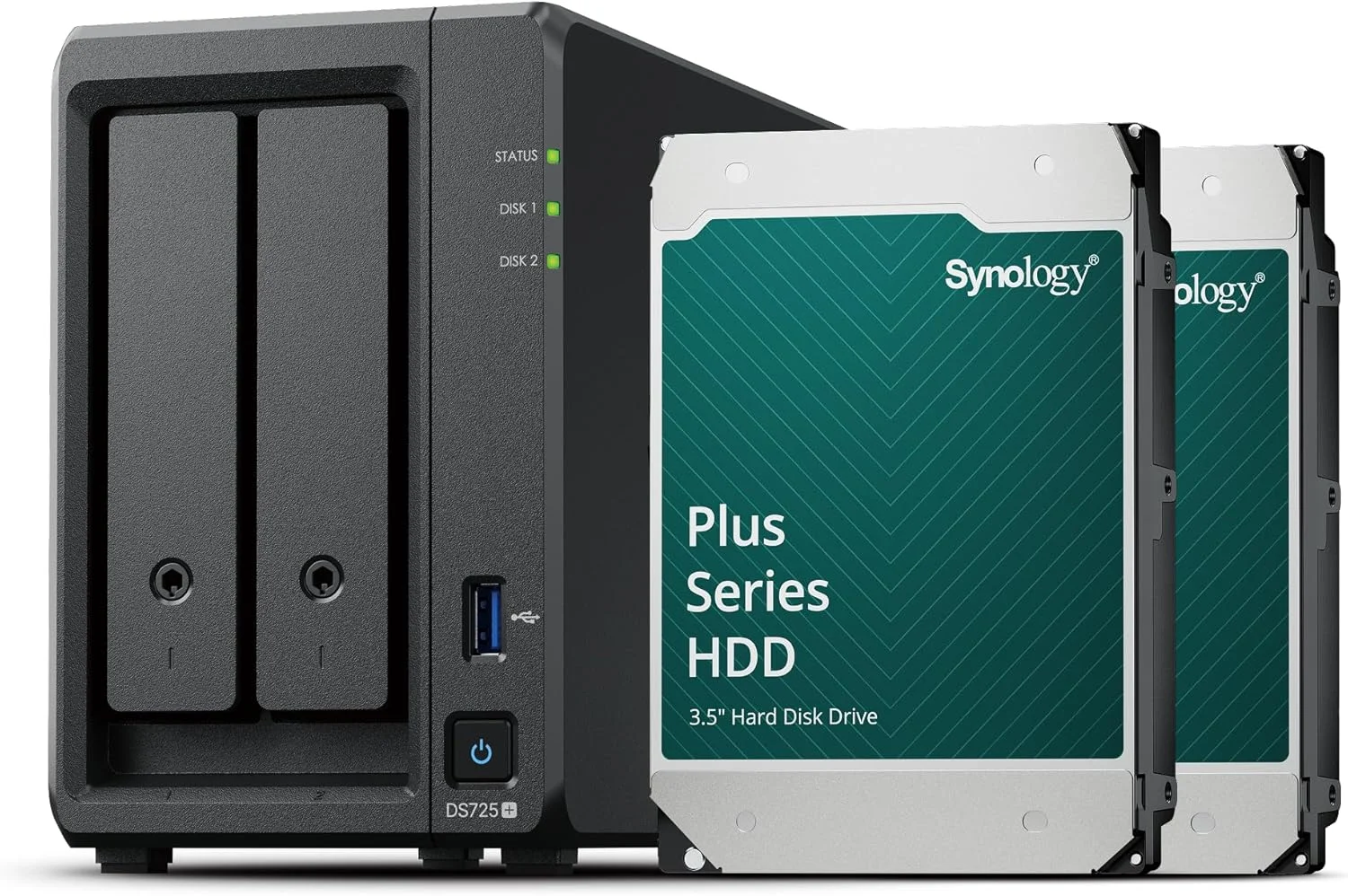 دستگاه ذخیره ساز تحت شبکه 2-Bay سینولوژی DS725+ (پردازنده AMD Ryzen با 4 هسته R1600 Dual-Core، رم 4 گیگابایت، 2 پورت RJ-45 1GbE LAN)، باندل 8 ترابایتی با 2 عدد HAT3300-4T