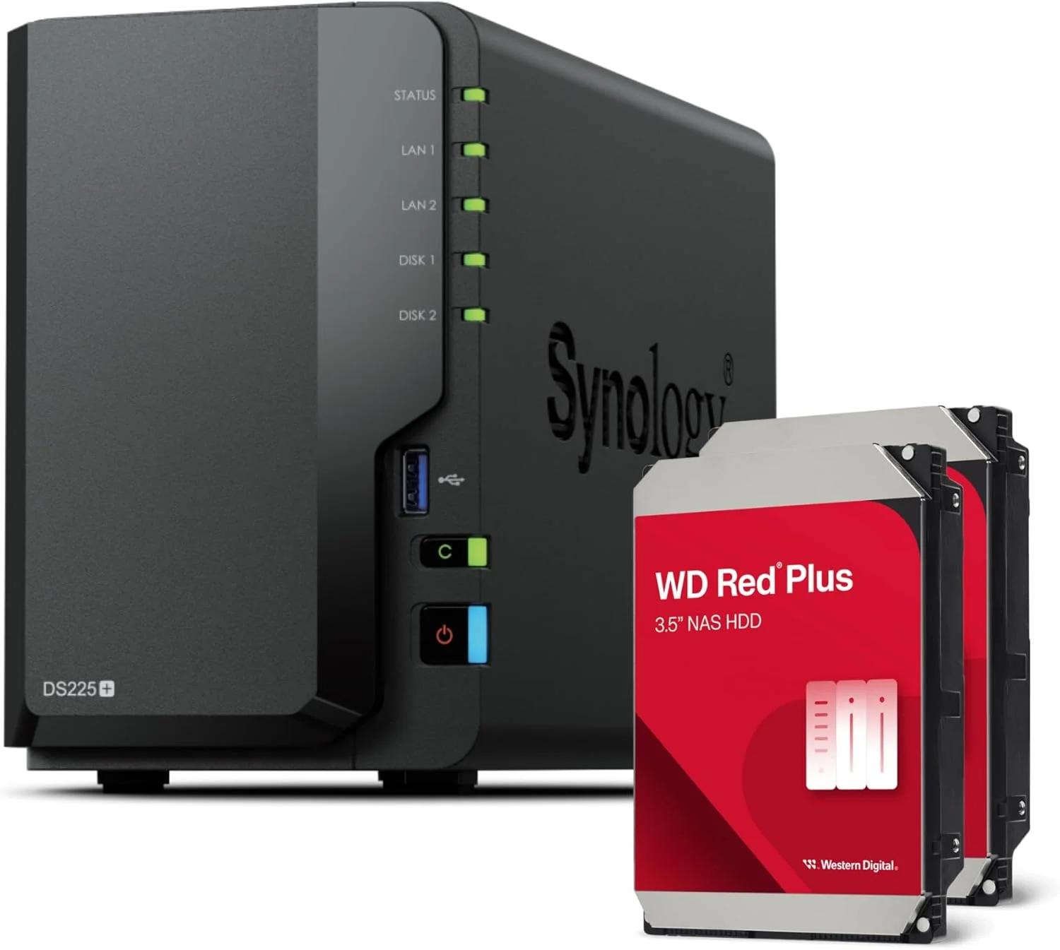 دستگاه ذخیره ساز تحت شبکه 2-Bay سینولوژی DS225+ (پردازنده چهارهسته ای Intel Celeron J4125، رم 2 گیگابایت Non-ECC DDR4 SODIMM، پورت شبکه 2.5GbE و 1GbE RJ-45) باندل 8 ترابایتی با 2 عدد هارد 4 ترابایتی WD Red Plus
