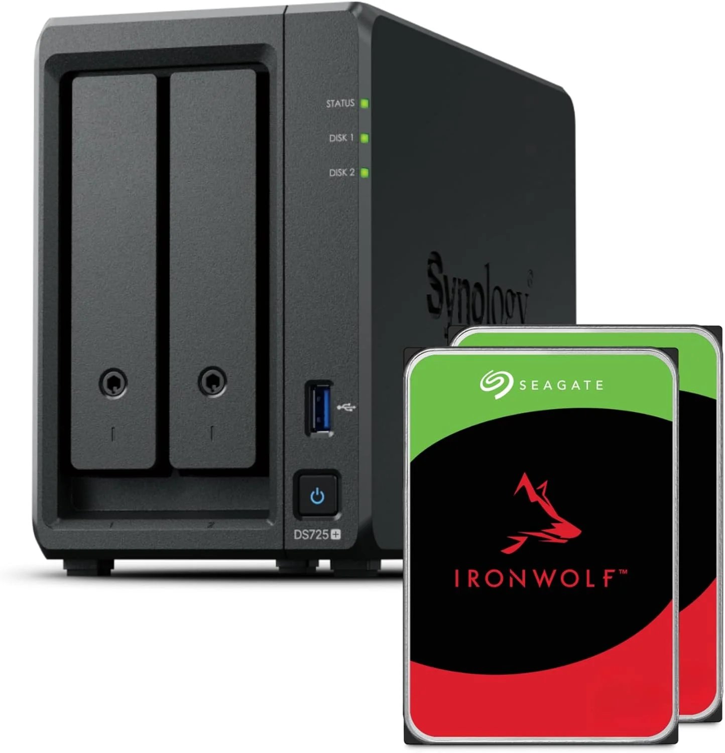 دستگاه ذخیره ساز تحت شبکه 2-Bay سینولوژی DS725+ (Ryzen R1600, رم 4 گیگابایت)، 1x 2.5GbE، 1x 1GbE، 2X اسلات M.2 NVMe همراه با بسته 8 ترابایتی Seagate Ironwolf 2X 4TB