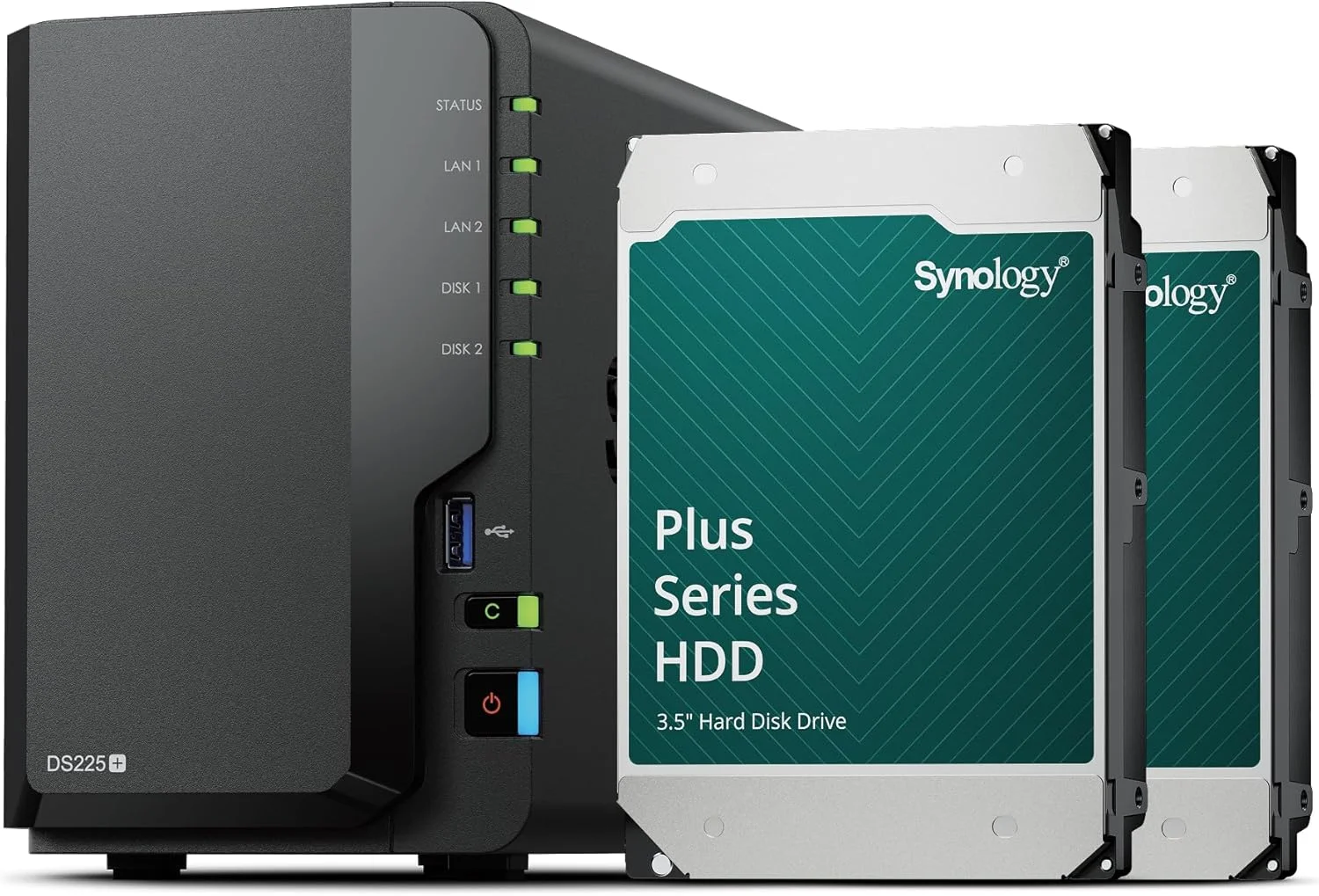 دستگاه ذخیره ساز تحت شبکه 2 بی Synology DS225+ به همراه پردازنده Intel Celeron J4125، رم 2 گیگابایتی DDR4، دو پورت RJ-45 1GbE LAN و 12 ترابایت حافظه شامل 2 عدد HAT3300-6T