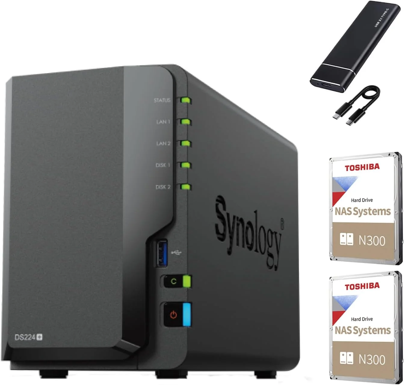 بسته سرور NAS سینولوژی DS224+ با ۲ جایگاه (۲ گیگابایت رم، ۱۲ ترابایت حافظه) - ۲ عدد هارد دیسک ۶ ترابایتی NAS، دستگاه ذخیره سازی شبکه رومیزی با کارایی بالا - شامل SSD اکسترنال ۵۱۲ گیگابایتی برای پشتیبان گیری