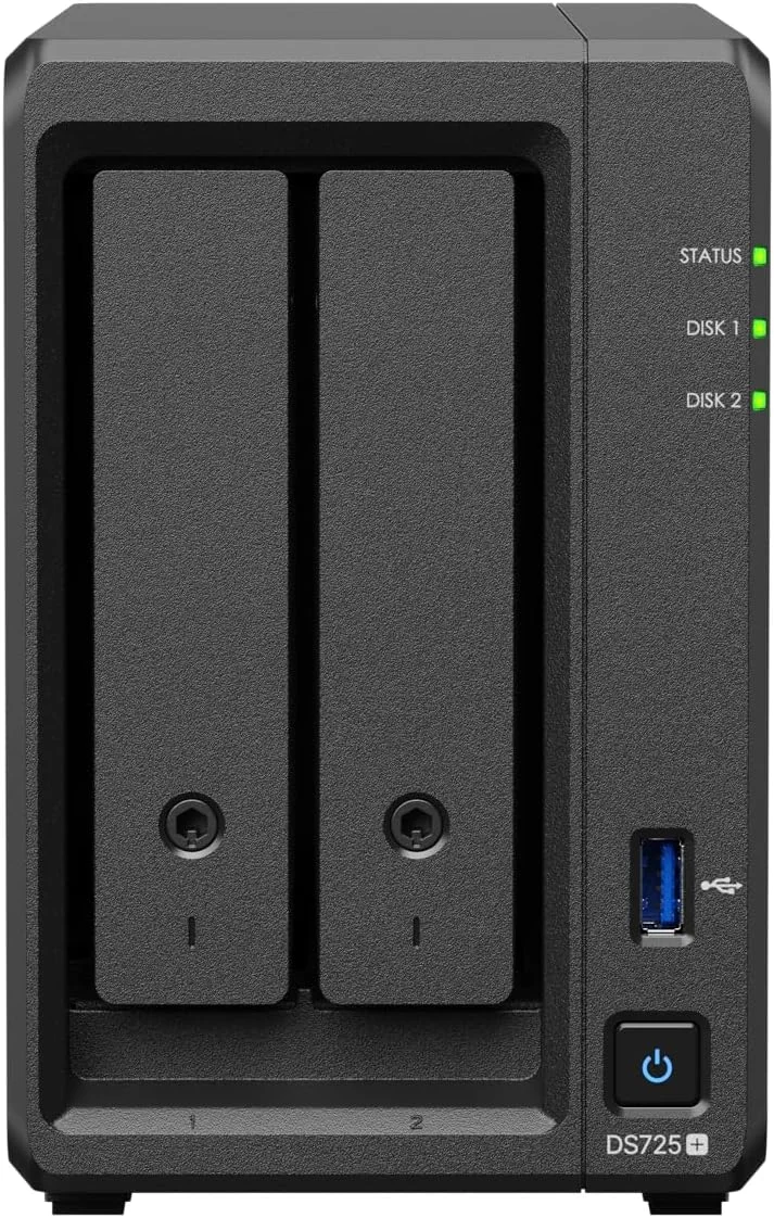 سینولوژی DiskStation DS725+، ۲-Bay، بدون دیسک ۳.۵ اینچی، ۱x1GbE + 1x2.5GbE، NAS (مقیاس پذیر)، AMD Ryzen R1600 دو هسته ای، ۴ گیگابایت رم، ۱xUSB3