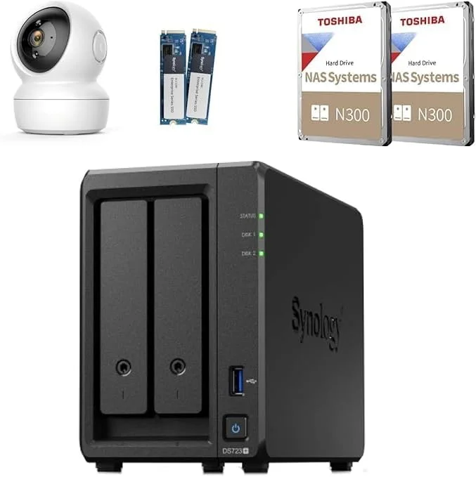 دستگاه ذخیره ساز تحت شبکه سینولوژی DS723+ با دو جایگاه هارد (16 گیگابایت رم) - پیکربندی شده با 12 ترابایت (2 عدد هارد 6 ترابایتی) - مجهز به پردازنده AMD Ryzen R1600 - دارای 512 گیگابایت حافظه NVMe داخلی برای پشتیبان گیری - به همراه دوربین هوشمند 360 درجه