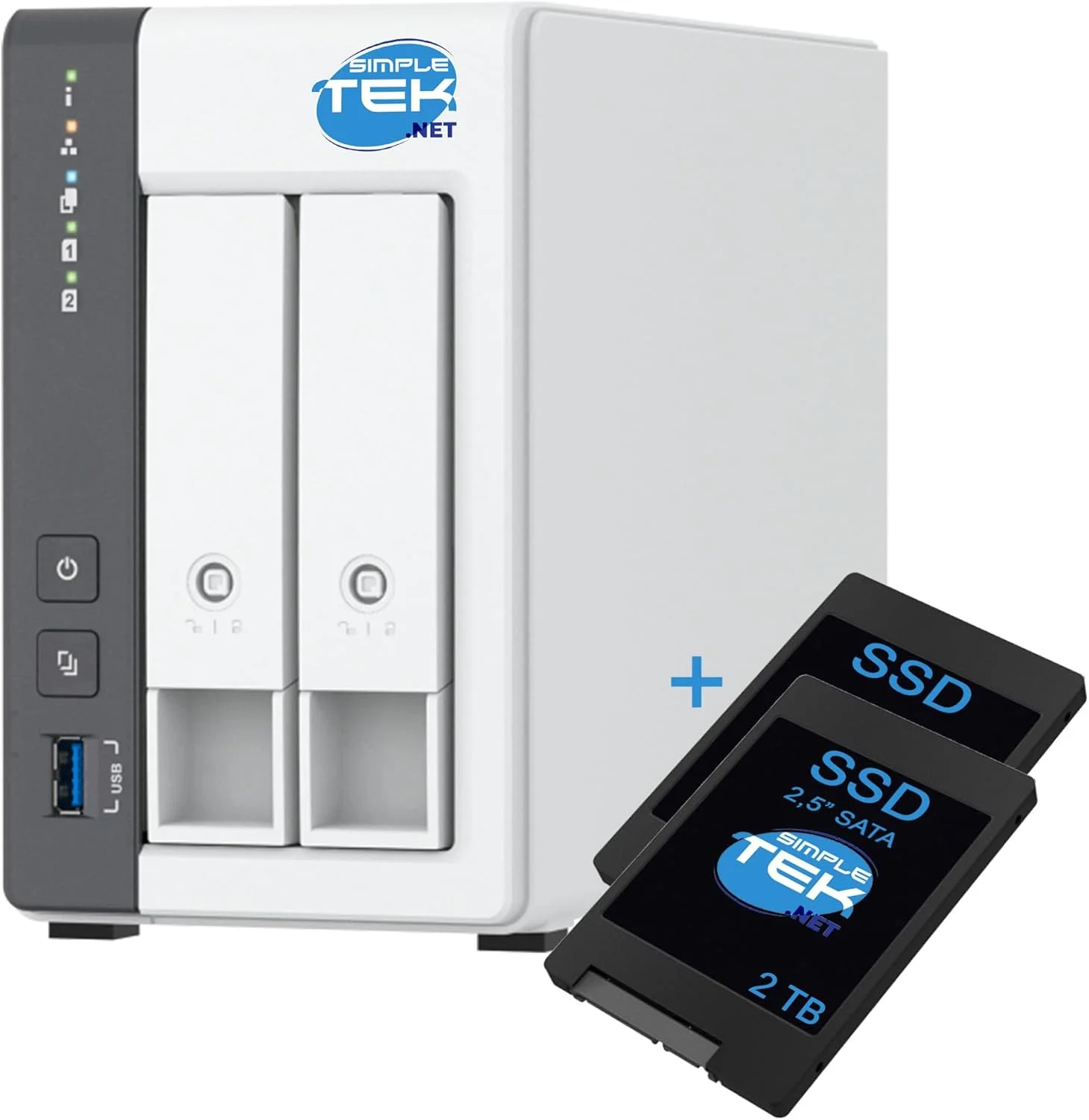 سیستم NAS دو محفظه‌ای (اسلات) SIMPLETEK با ۴ گیگابایت رم و ۲ عدد SSD یک ترابایتی (مجموعاً ۲ ترابایت)، شبکه ۲.۵ گیگابیتی برای ابر خانگی