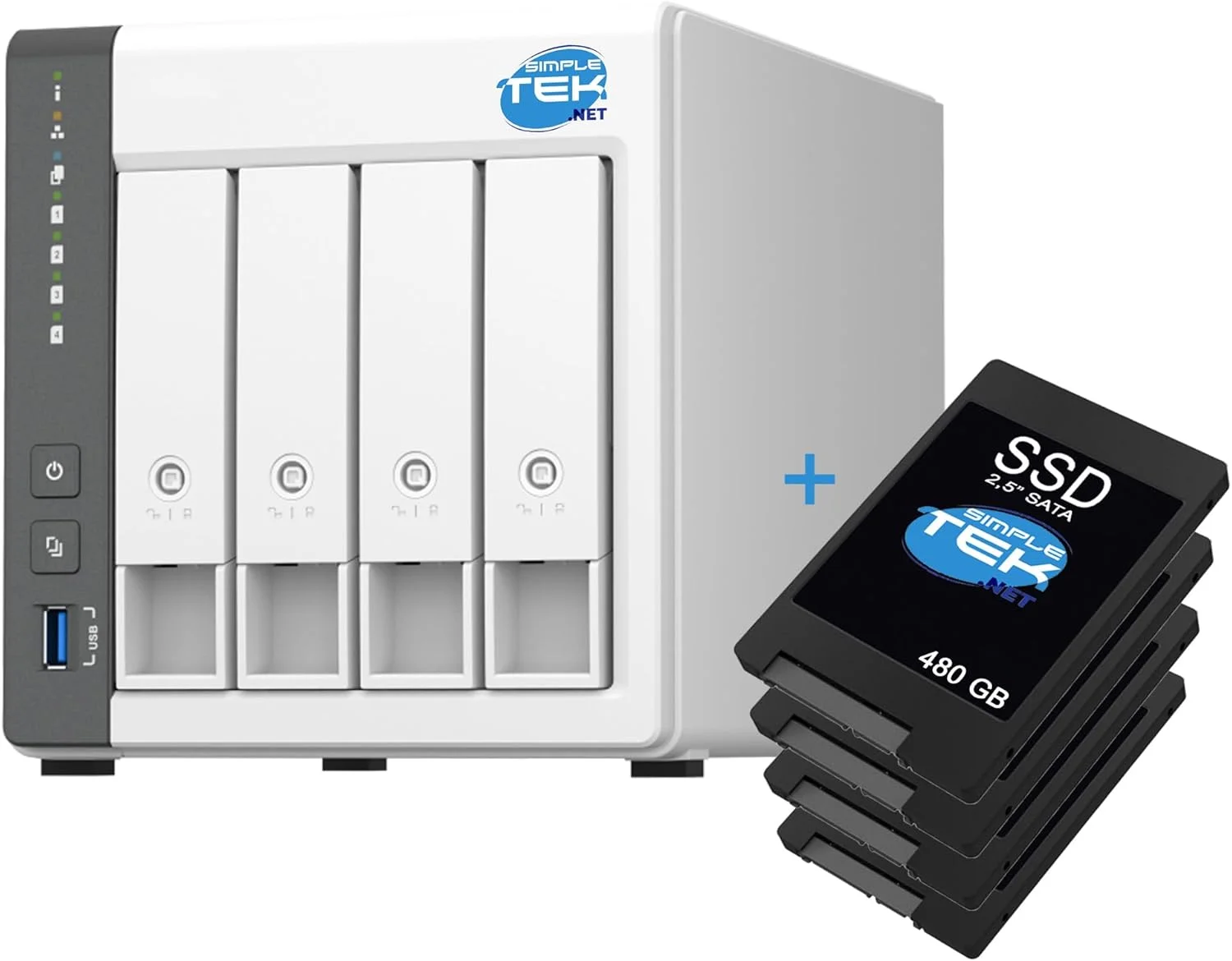 سیستم NAS چهار محفظه ای SIMPLETEK با 4 گیگابایت رم، شامل 4 عدد SSD با ظرفیت 1920 گیگابایت، پردازنده 4 هسته ای و USB-A + LAN 2.5G برای فضای ابری و سرور