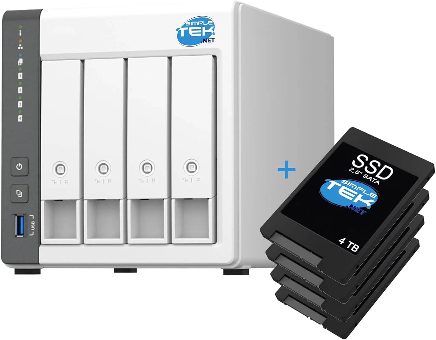 سیستم NAS چهار محفظه‌ای SIMPLETEK با ۴ گیگابایت رم، شامل ۴ عدد SSD با ظرفیت ۴ ترابایت، پردازنده ۴ هسته‌ای و USB-A + LAN 2.5G برای فضای ابری و سرور