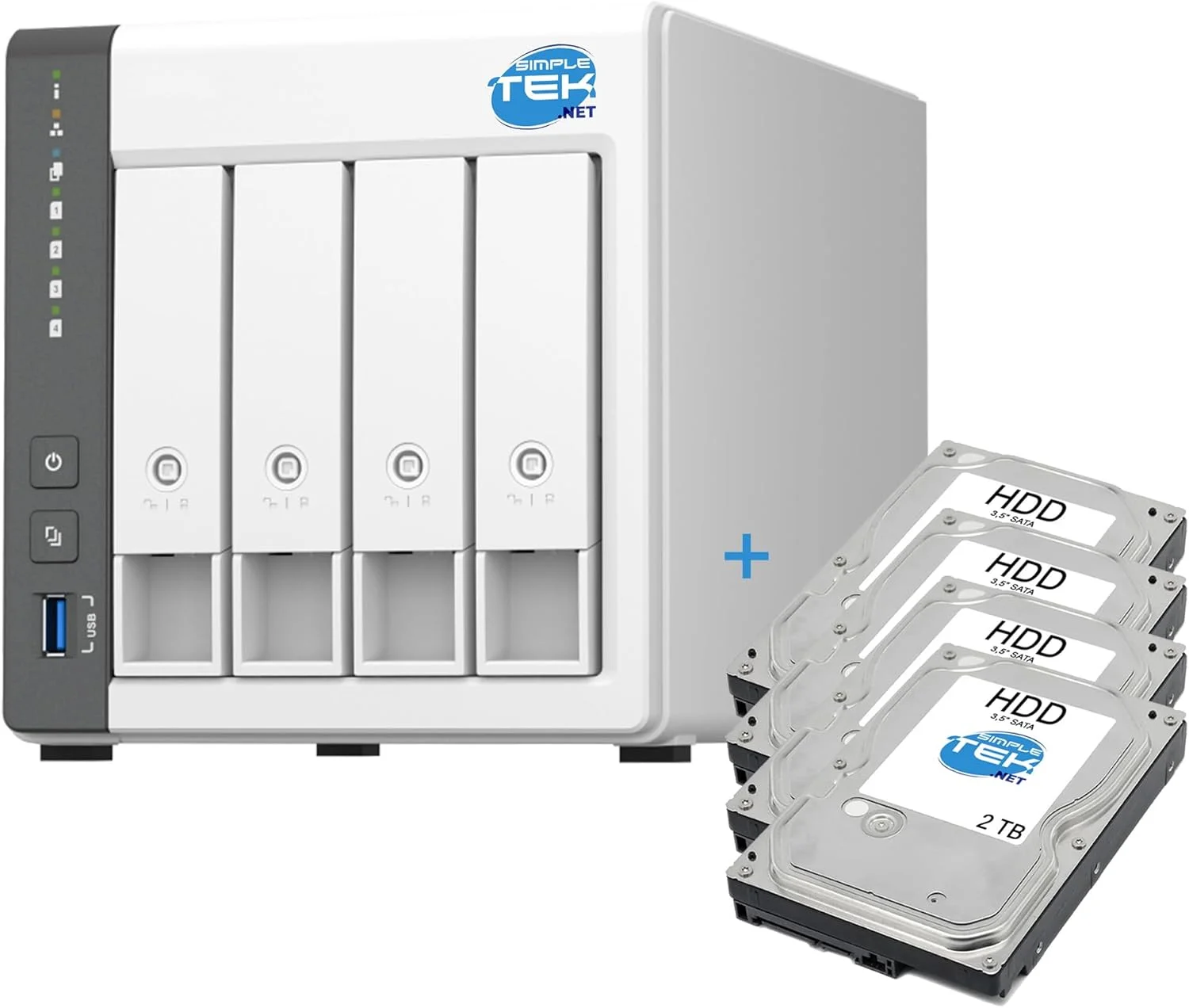 سیستم NAS چهار محفظه ای SIMPLETEK با 4 گیگابایت رم، شامل 4 عدد هارد دیسک 2 ترابایتی، پردازنده 4 هسته ای و USB-A + LAN 2.5G برای فضای ابری و سرور