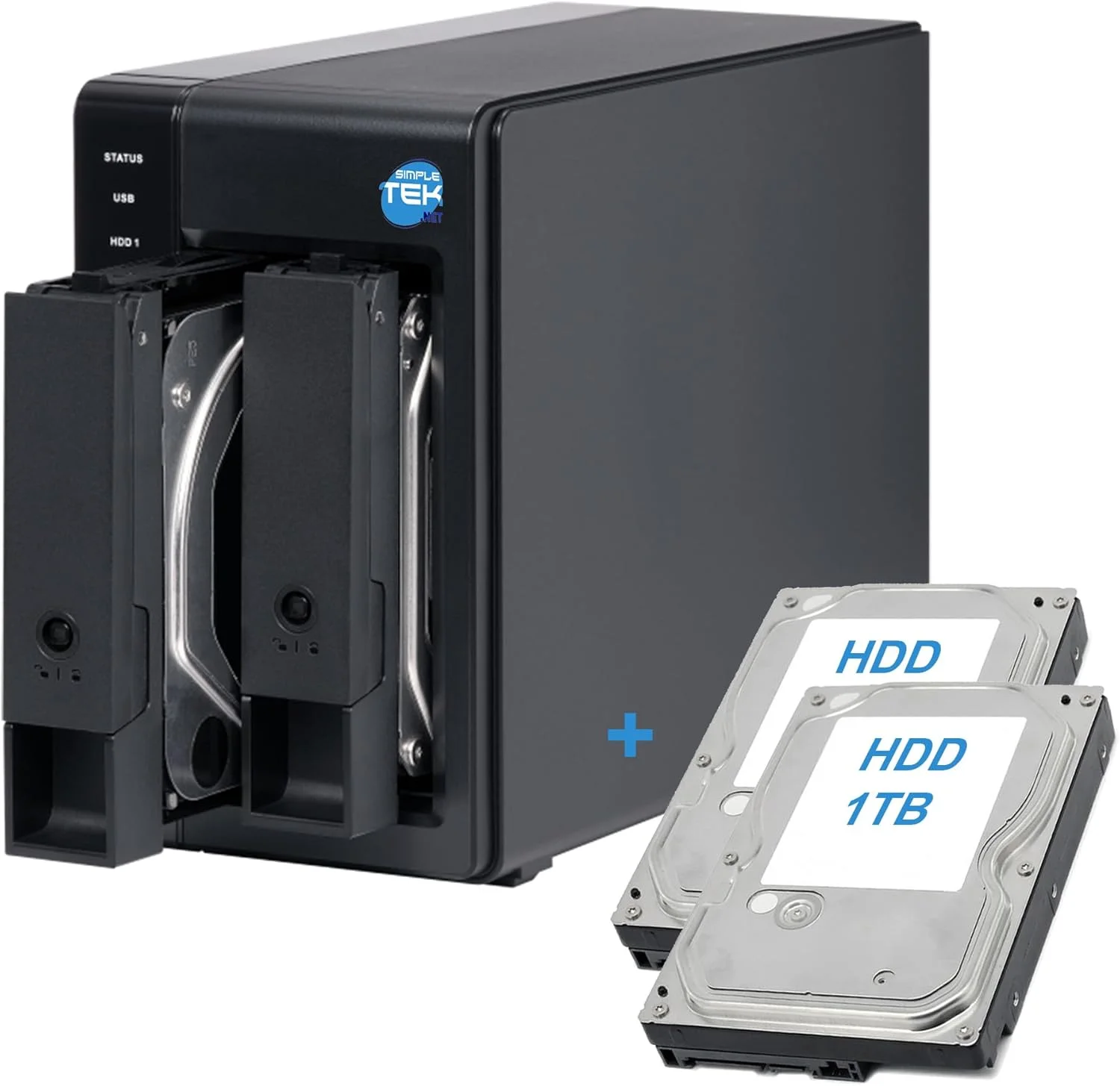 SIMPLETEK - DAS اکسترنال USB-C 3.2 با دو جایگاه SATA 3.5/2.5 اینچی، با هارد دیسک 2 ترابایتی (2x1TB) از پیش نصب شده، سازگار با HDD/SSD - مشکی