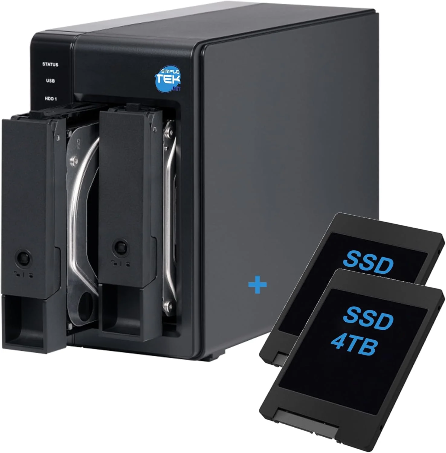 SIMPLETEK - DAS اکسترنال USB-C 3.2 با دو جایگاه SATA 3.5/2.5 اینچی، دارای SSD از پیش نصب شده 4 ترابایتی (2x4TB)، سازگار با HDD/SSD - مشکی