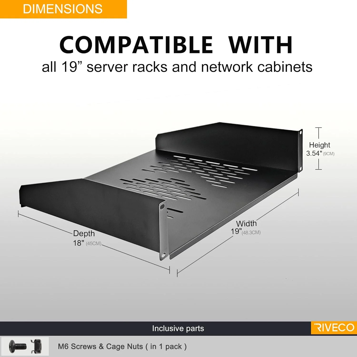 طبقات رک سرور RIVECO 2U برای کابینت شبکه 19 اینچی، سینی های کنسولی تهویه دار برای نصب رک برای تجهیزات عمیق IT و صوتی، عمق 18 اینچ، 2 عدد مشکی