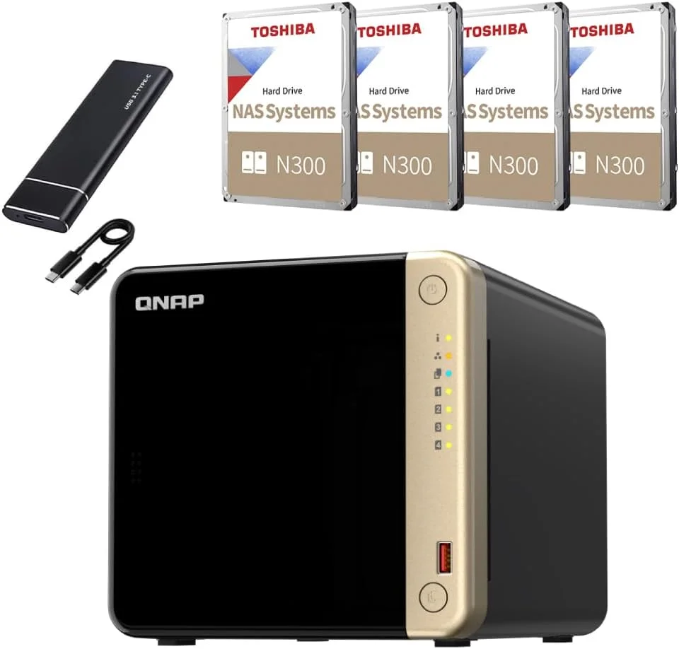 QNAP TS464 NAS با ۴ جایگاه هارد (۱۶ گیگابایت رم) – پیکربندی شده با ۲۴ ترابایت (۴ عدد هارد ۶ ترابایتی) NAS، ذخیره سازی رومیزی با کارایی بالا – به همراه یک SSD اکسترنال ۵۱۲ گیگابایتی رایگان برای پشتیبان گیری