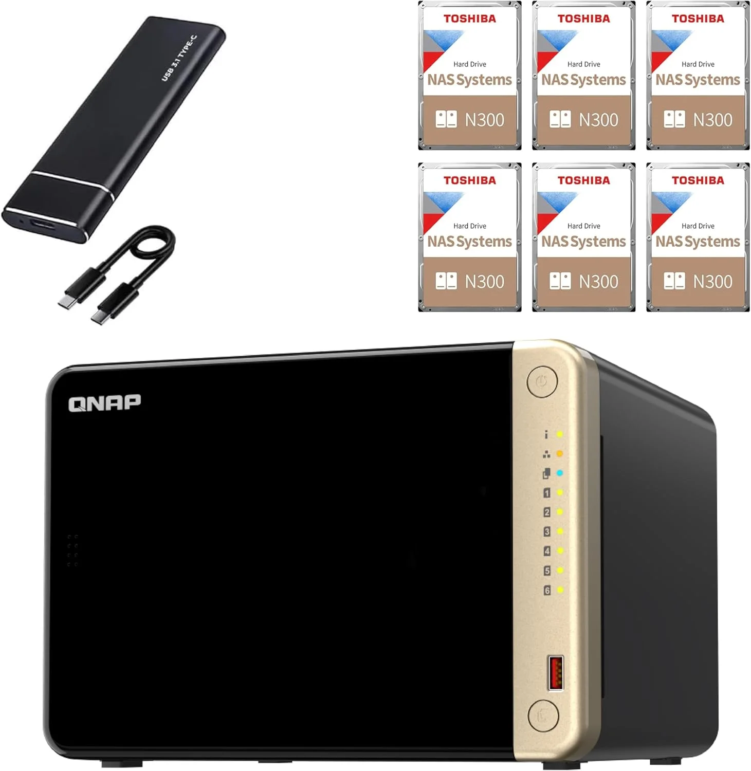 QNAP TS664 NAS با ۶ جایگاه هارد (۸ گیگابایت رم) - از پیش پیکربندی شده با ۳۶ ترابایت (۶ عدد هارد ۶ ترابایتی NAS)، ذخیره سازی رومیزی با عملکرد بالا - همراه با SSD اکسترنال ۵۱۲ گیگابایتی رایگان برای پشتیبان گیری