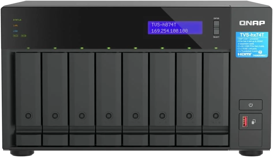 QNAP TVS-h874T-i7-32G-US NAS رومیزی 8 بی با پردازنده نسل دوازدهم اینتل، تا 64 گیگابایت حافظه DDR4، اتصال Thunderbolt 4 و 2.5GbE (بدون دیسک)