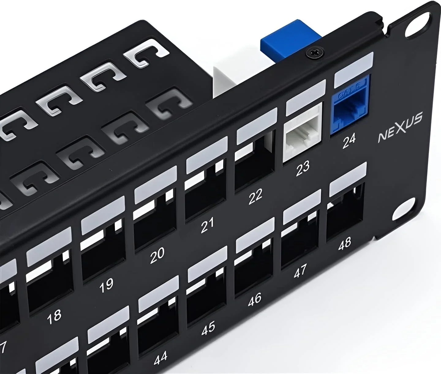 پچ پنل شیلددار نکسوس CAT6A FTP با ۴۸ پورت – نصب در رک ۱۹ اینچی 2U، پنل ماژولار بدون پورت، فریم فولادی SPCC با مدیریت کابل، سیم اتصال به زمین و سخت افزار نصب (پچ پنل ۴۸ پورت بدون پورت)