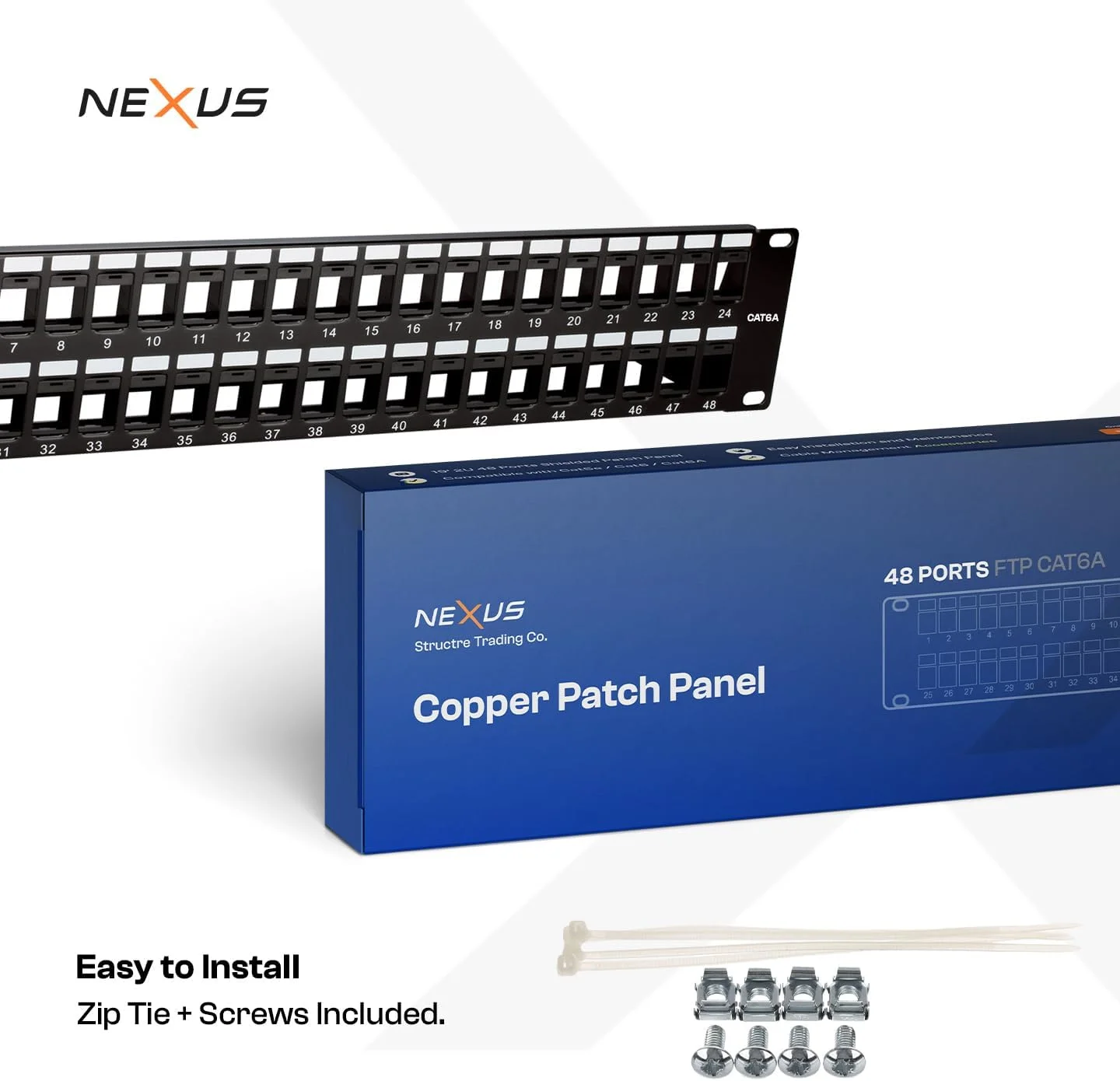 پچ پنل شیلددار نکسوس CAT6A FTP با ۴۸ پورت – نصب در رک ۱۹ اینچی 2U، پنل ماژولار بدون پورت، فریم فولادی SPCC با مدیریت کابل، سیم اتصال به زمین و سخت افزار نصب (پچ پنل ۴۸ پورت بدون پورت)