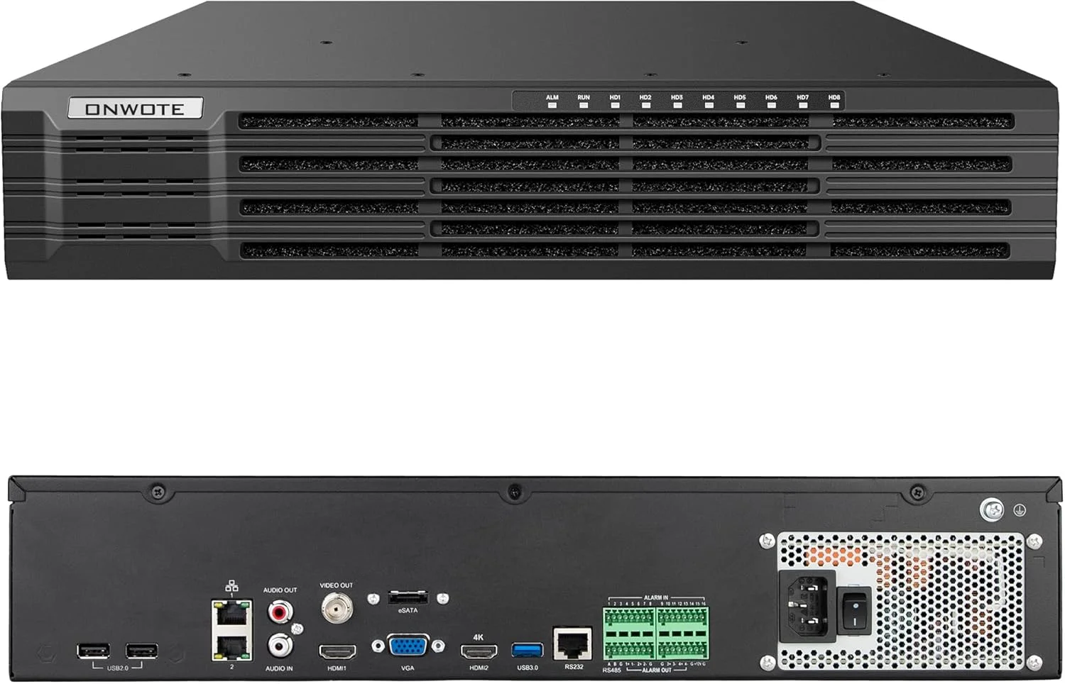 دستگاه ضبط ویدیویی تحت شبکه ONWOTE با 64 کانال و رزولوشن 12 مگاپیکسل، دارای 2 پورت HDMI با قابلیت نمایش تقسیم صفحه، 8 پورت هارد دیسک با پشتیبانی از 80 ترابایت (بدون هارد دیسک)، فقط با دوربین های تحت شبکه PoE با رزولوشن 12 مگاپیکسل / 4K 8MP / 6MP / 5MP سازگار است، با سوییچ PoE کار می کند