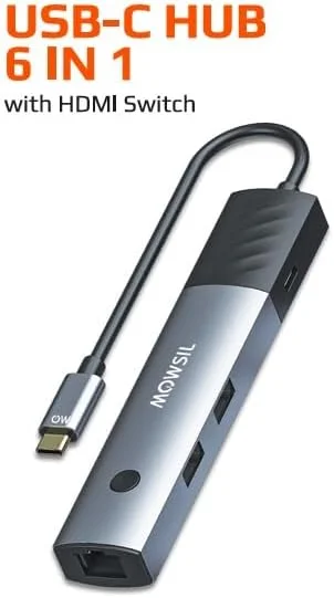 هاب USB-C موسیل 6 در 1 با سوئیچ HDMI، شارژ 100 واتی PD، آداپتور Type-c به HDMI 4K@30Hz، آداپتور هاب USB-C چند پورت