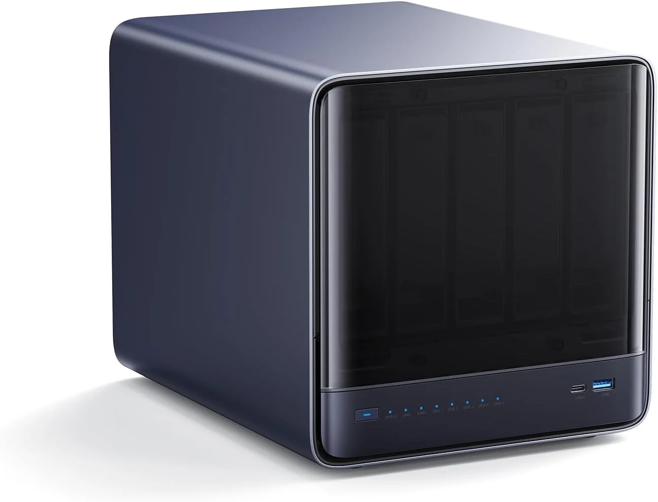 MINISFORUM N5 Pro AI NAS با پردازنده AMD Ryzen AI 9 HX Pro 370، دارای 2 اسلات SODIMM DDR5-5600MHz (پشتیبانی از ECC)، حافظه SSD 128 گیگابایتی، 1 خروجی HDMI + 2 خروجی USB4، 5 اسلات HDD، اسلات های M.2 2230/2280/22110/U.2، پورت های LAN 5GbE+10GbE NAS