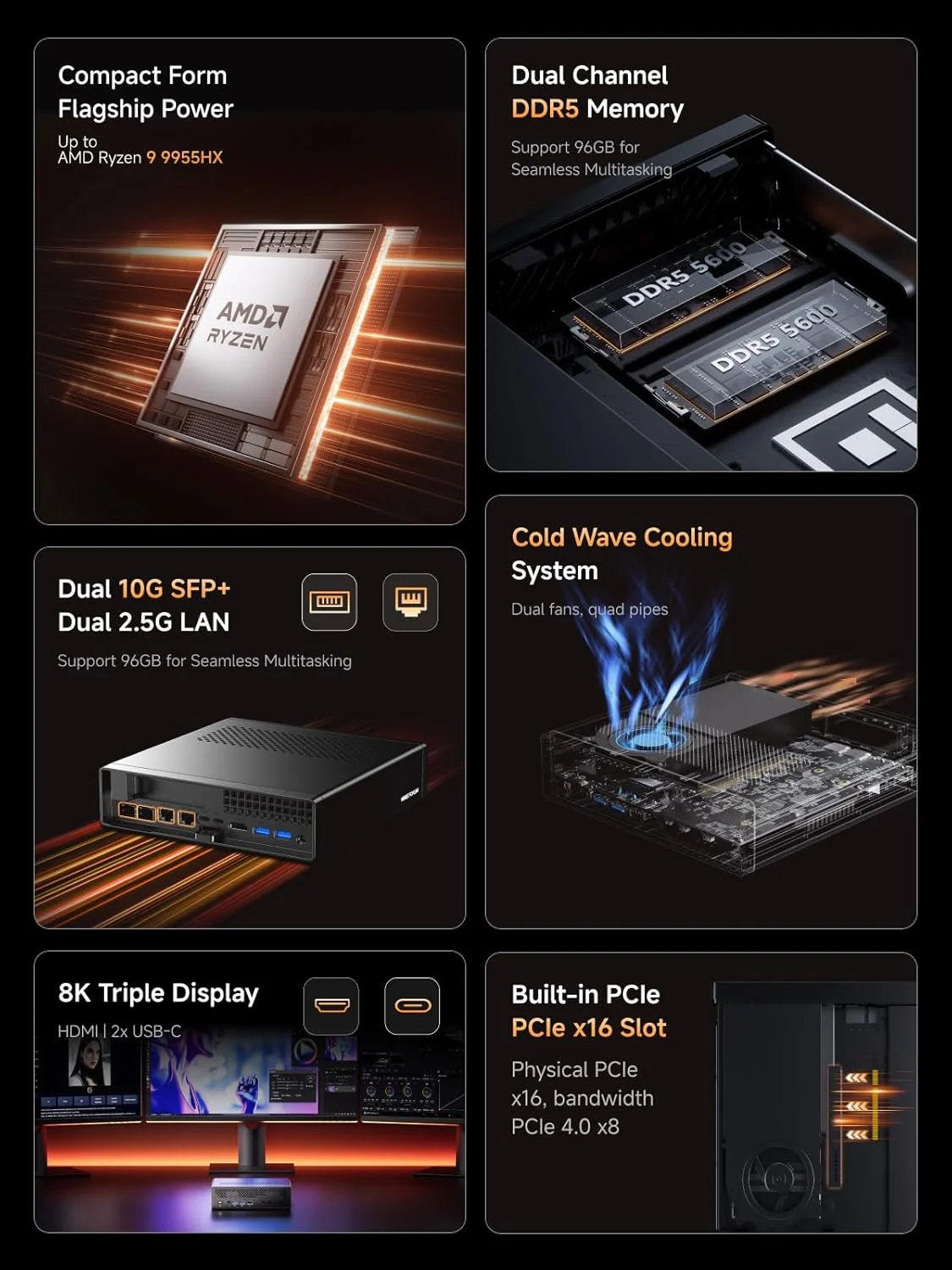 مینی ورک استیشن MINISFORUM MS-A2 با پردازنده AMD Ryzen 9 9955HX (16 هسته/32 رشته، تا 5.4 گیگاهرتز)، 64 گیگابایت رم، 1 ترابایت SSD، مینی پی سی با خروجی HDMI/2xUSB-C برای نمایشگر سه گانه، 2 پورت LAN 2.5G | پورت 10G SFP+، پشتیبانی از M.2 2280/22110/U.2 SSD